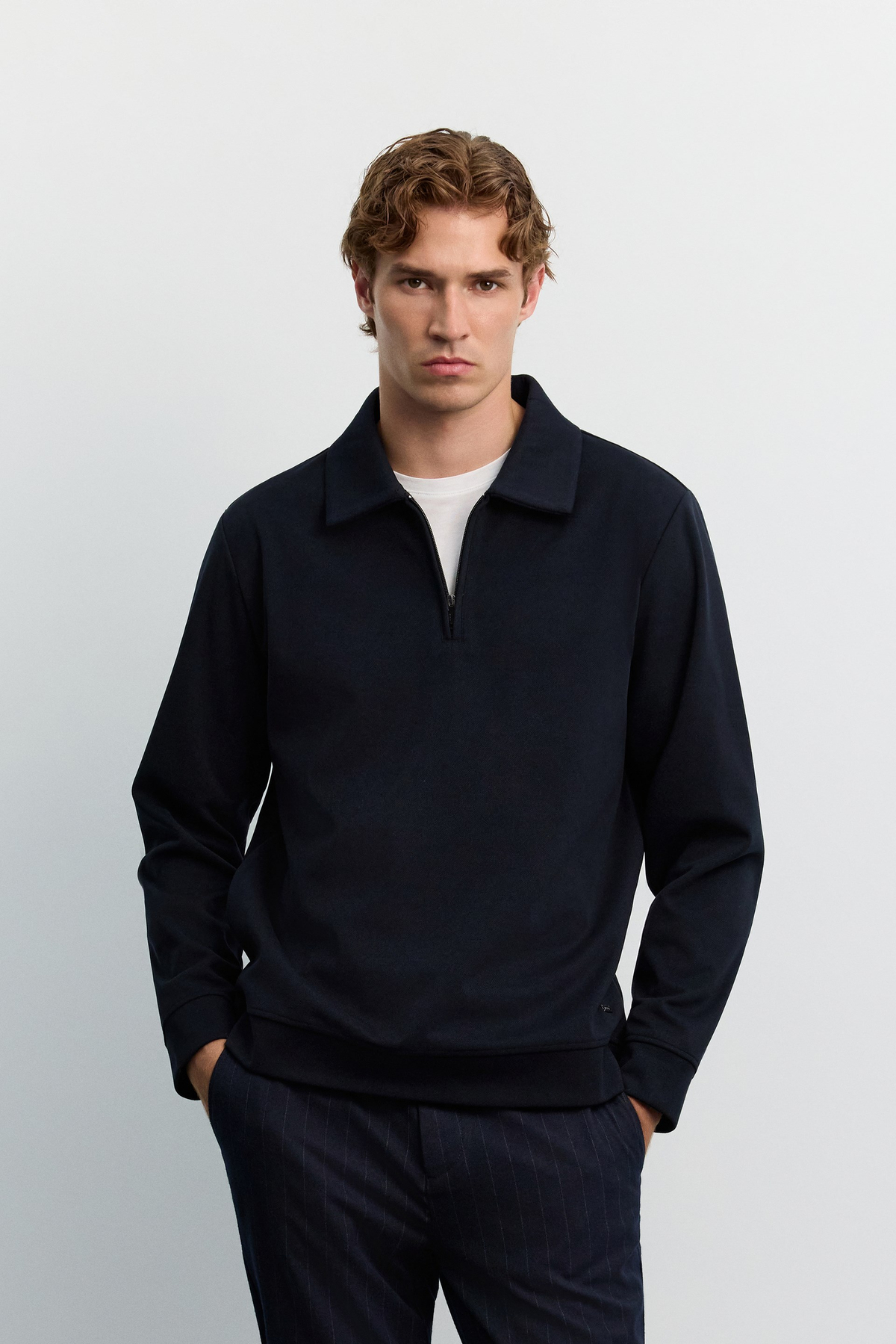 Lacivert Polo Yaka Fermuarlı Diyagonel İçi Şardonlu İnterlok Sweatshirt