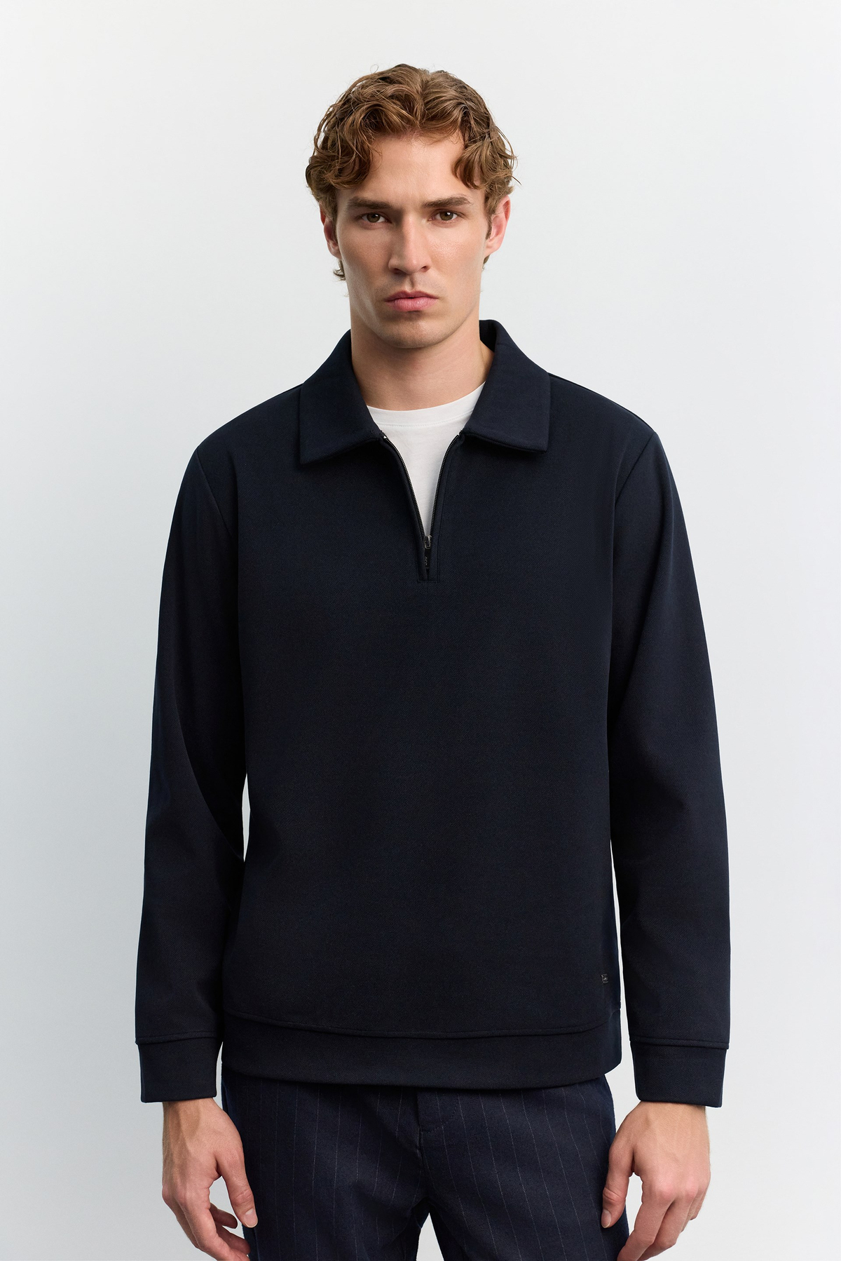 Lacivert Polo Yaka Fermuarlı Diyagonel İçi Şardonlu İnterlok Sweatshirt
