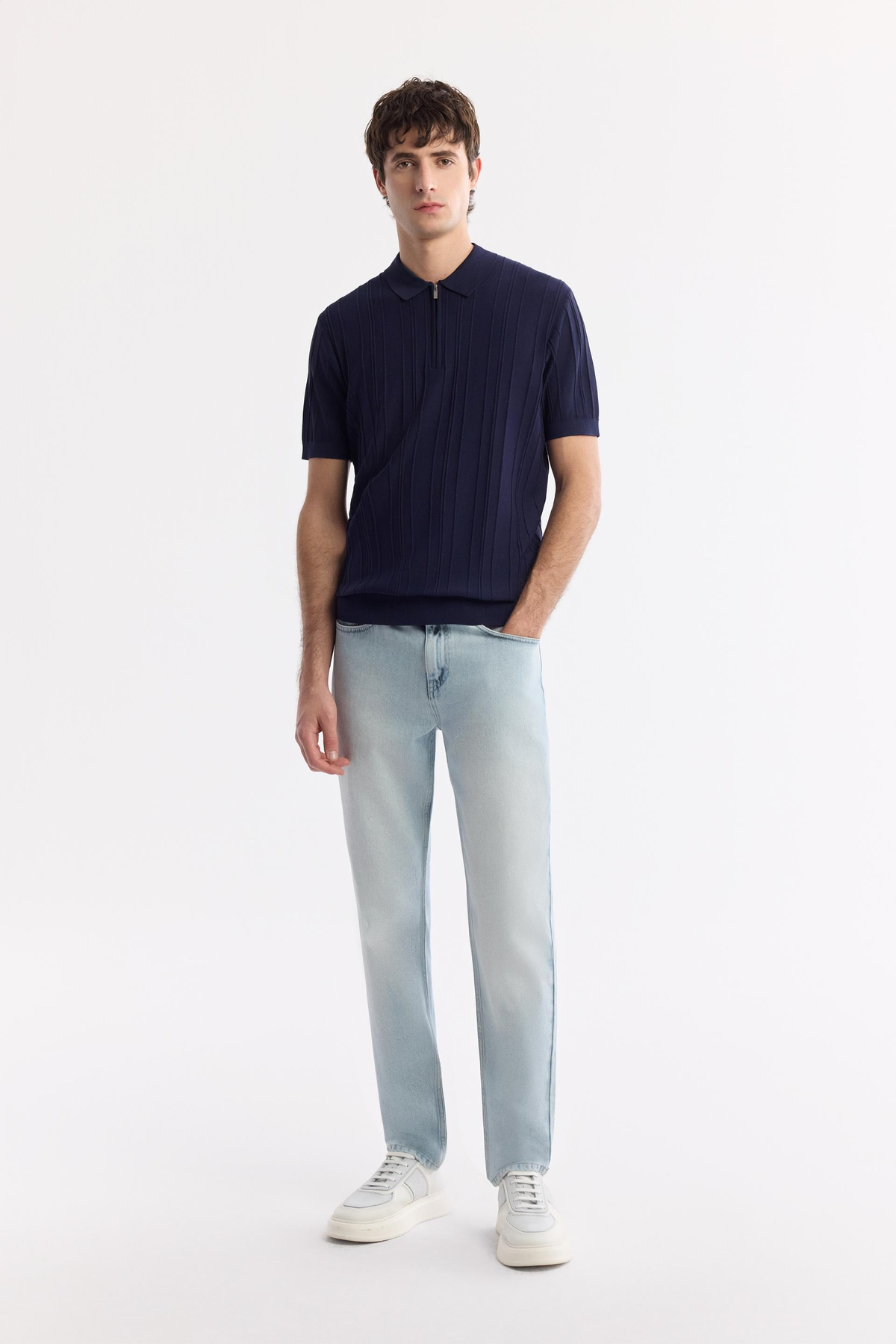 Lacivert Polo Yaka Fermuarlı Fitil Örgü Detaylı Rayon Triko T-shirt