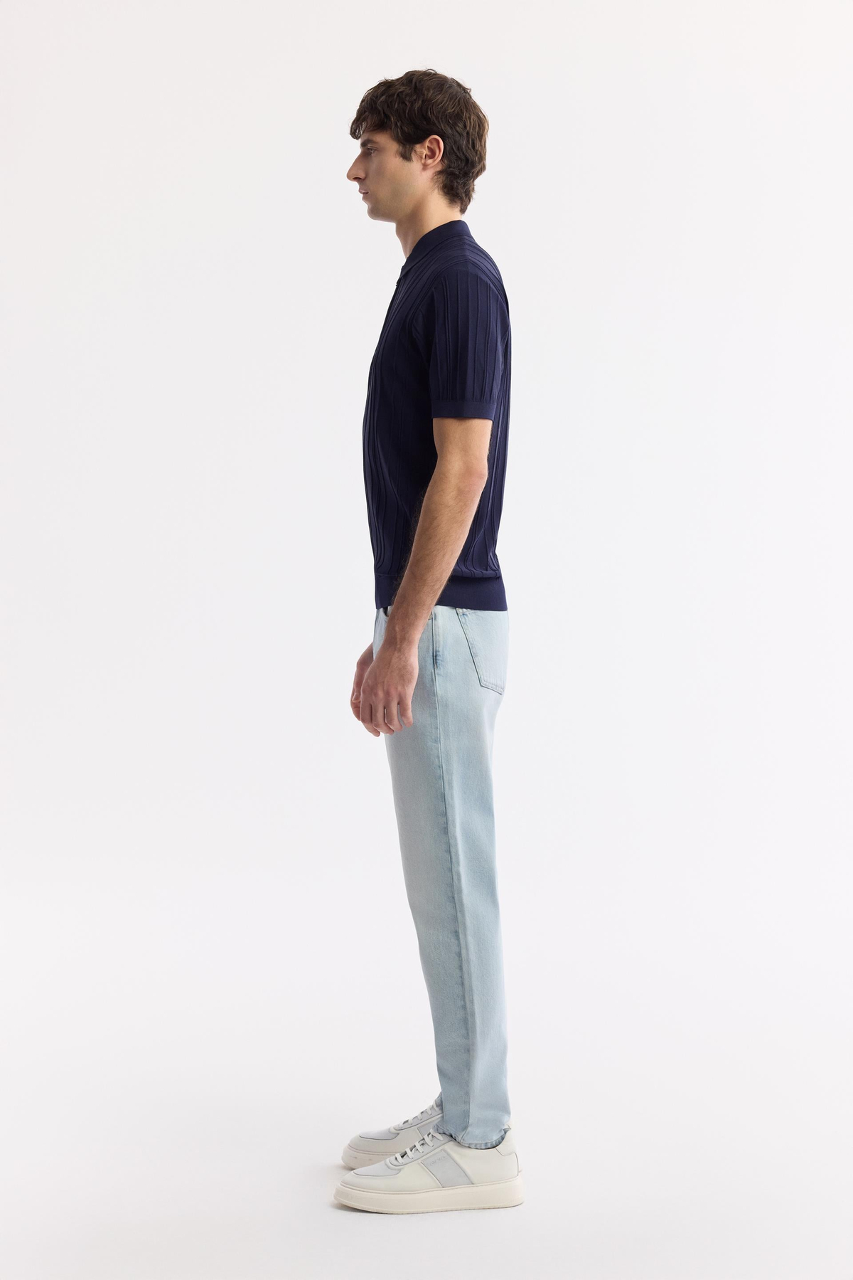 Lacivert Polo Yaka Fermuarlı Fitil Örgü Detaylı Rayon Triko T-shirt