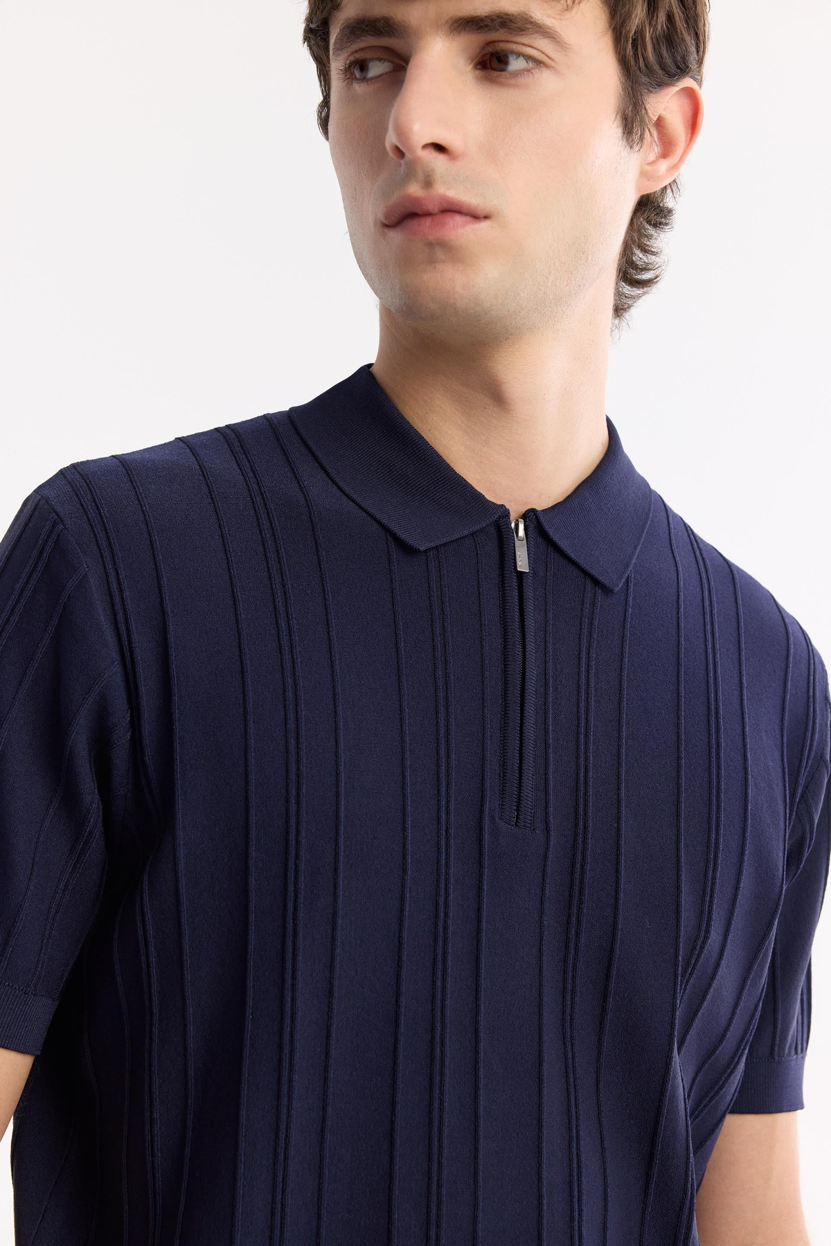 Lacivert Polo Yaka Fermuarlı Fitil Örgü Detaylı Rayon Triko T-shirt