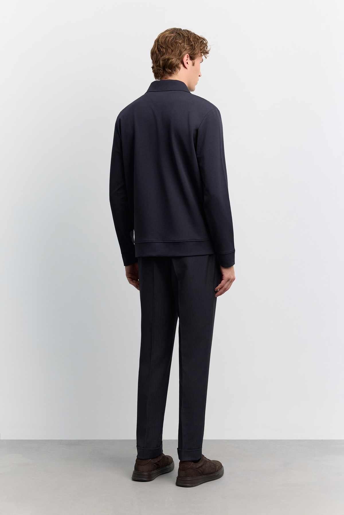 Lacivert Polo Yaka Fermuarlı İnterlok  Sweatshirt