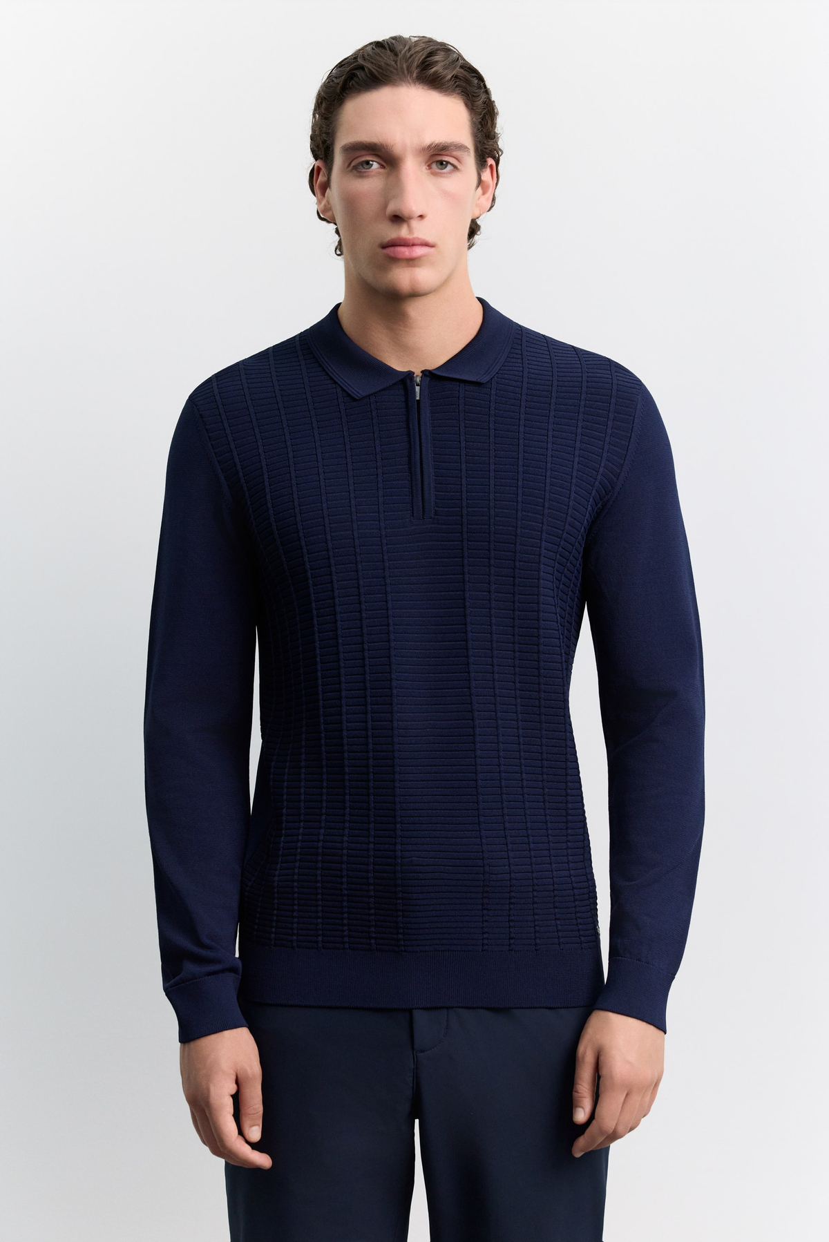 Lacivert Polo Yaka Fermuarlı Rayon Karışımlı Kazak