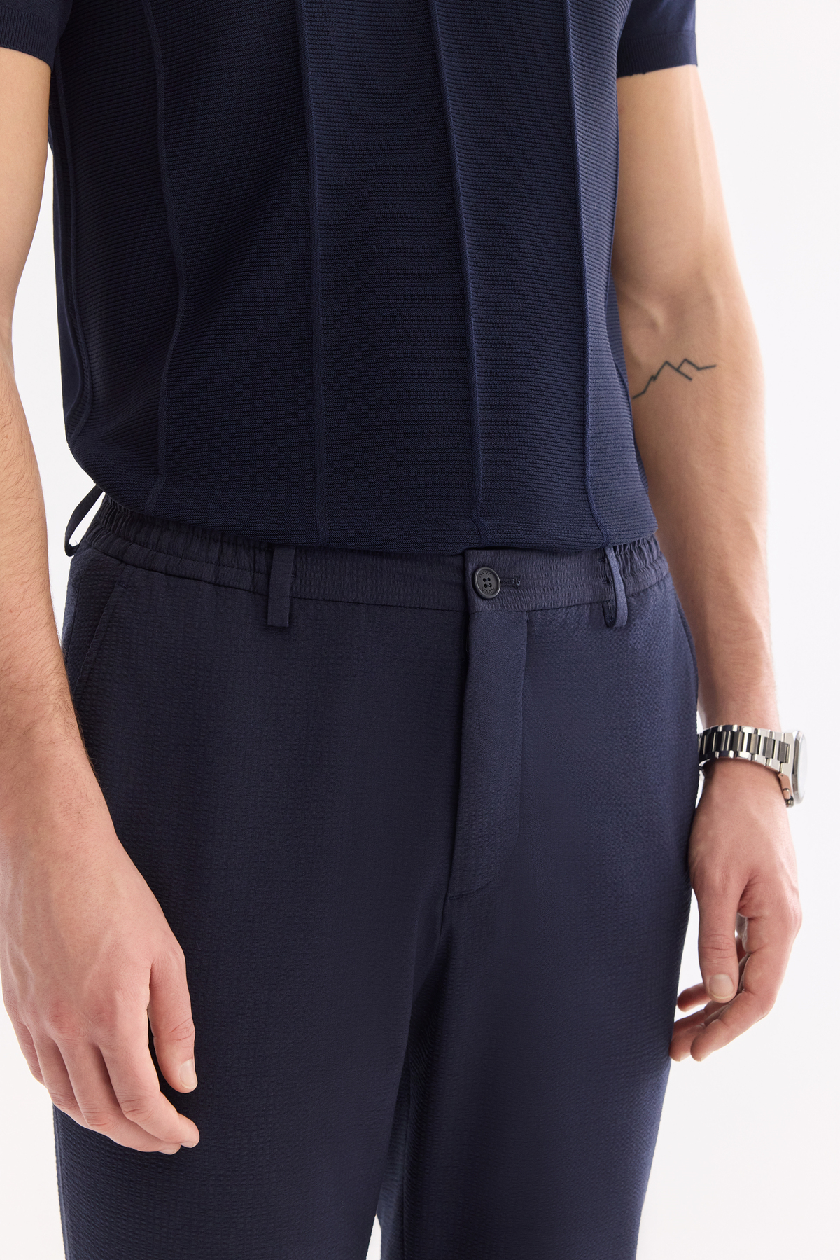 Lacivert Yan Cepli Gofre Çizgi Detaylı Beli Lastikli Slim Fit Lastikli Pantolon