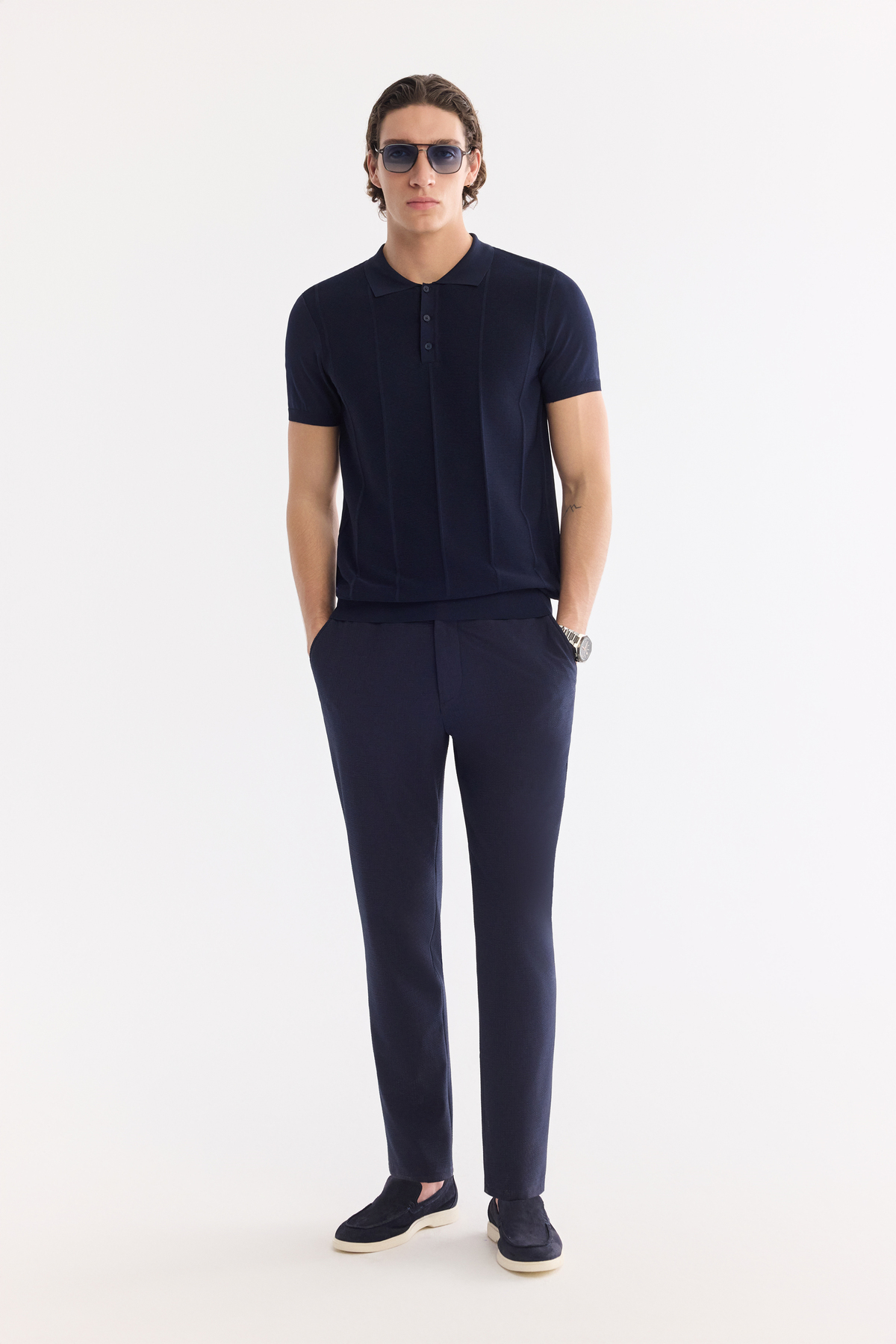 Lacivert Yan Cepli Gofre Çizgi Detaylı Beli Lastikli Slim Fit Lastikli Pantolon