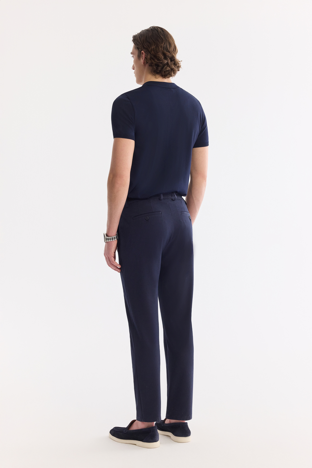 Lacivert Yan Cepli Gofre Çizgi Detaylı Beli Lastikli Slim Fit Lastikli Pantolon