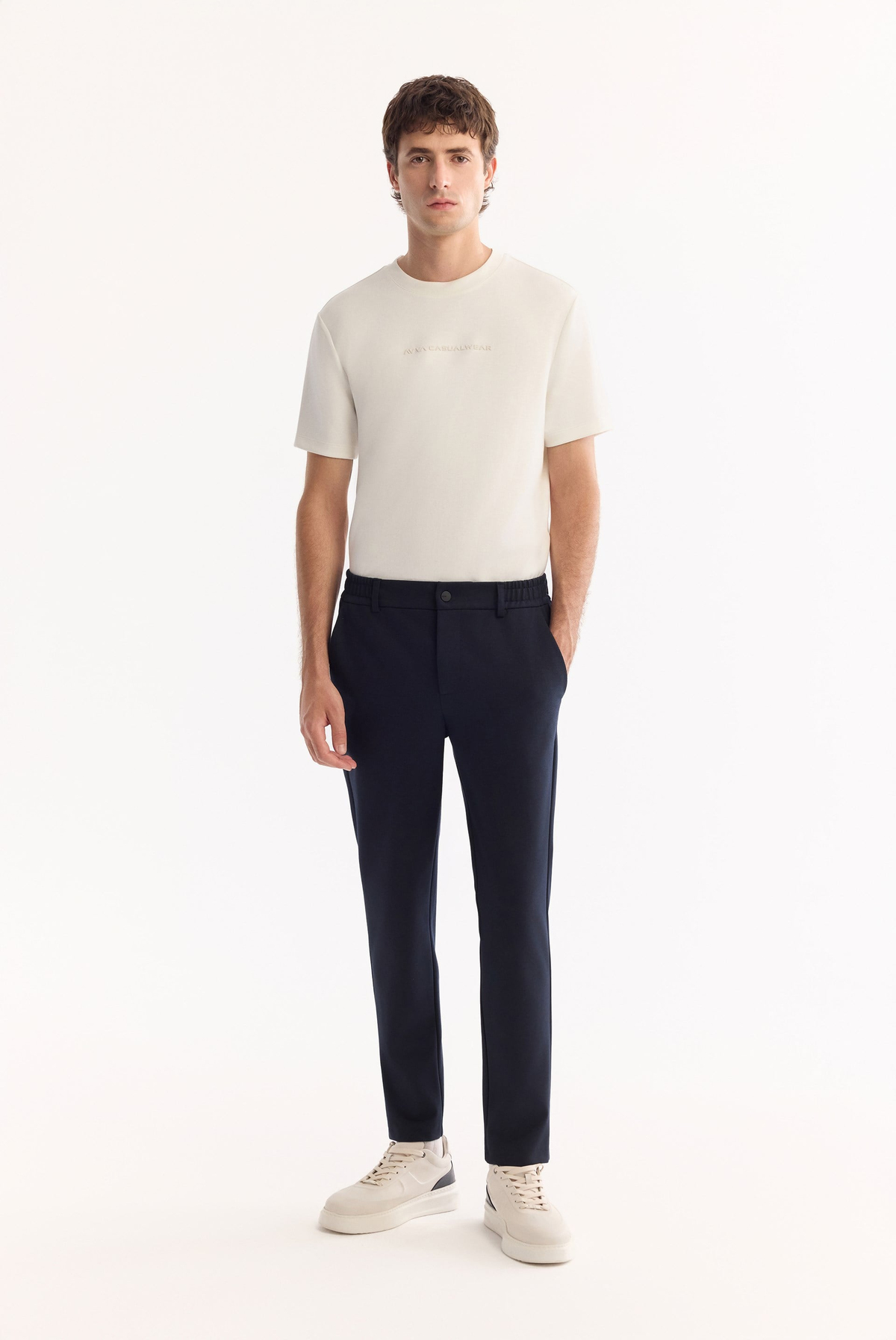 Navy Side Elastic Viscose Blend Chino Pants