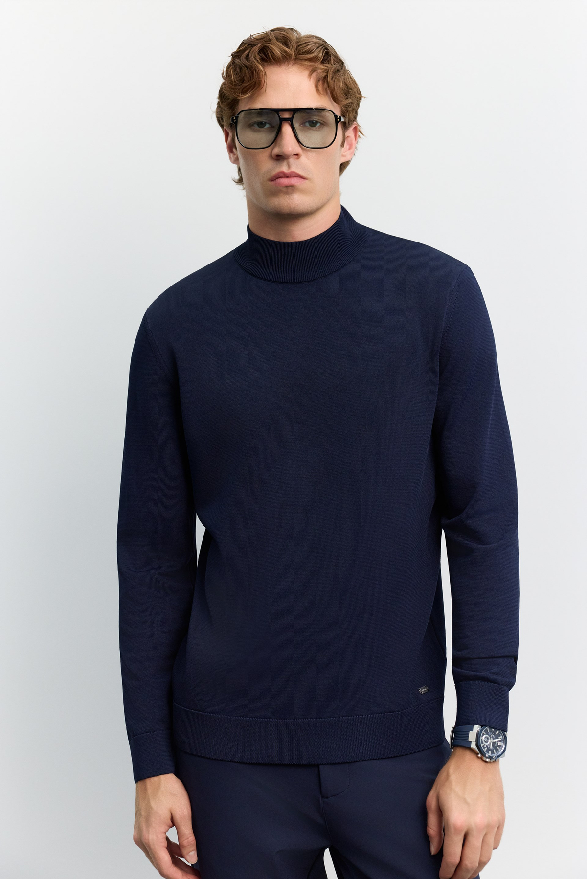 Lacivert Yarım Balıkçi Yaka Basic Düz Rayon Kazak