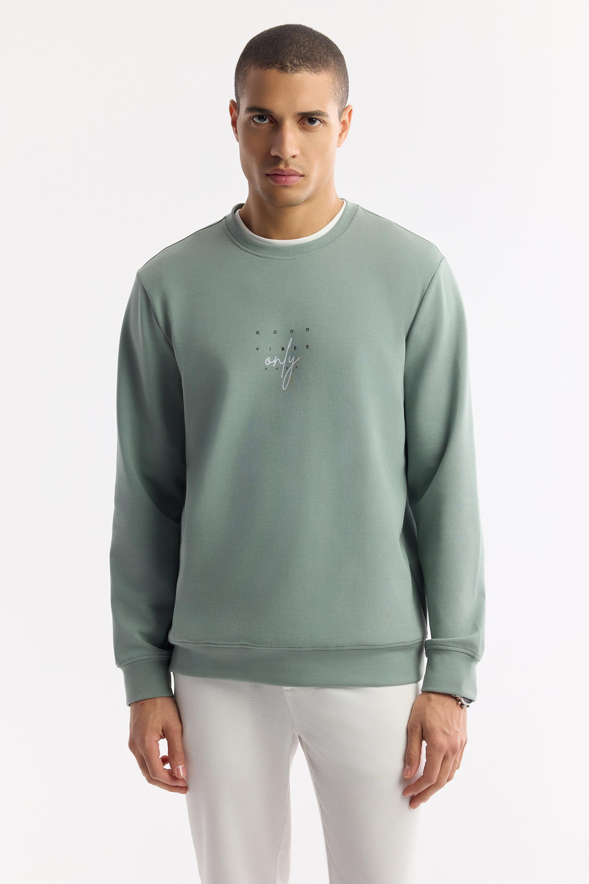 Mint Yeşil Bisiklet Yaka Baskılı İnterlok Sweatshirt