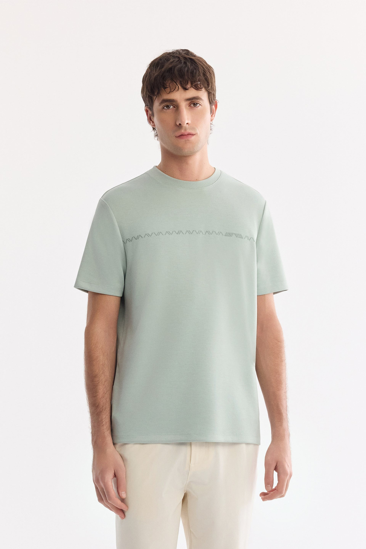 Mint Yeşil Bisiklet Yaka Enjeksiyon  Baskılı İnterlok T-Shirt