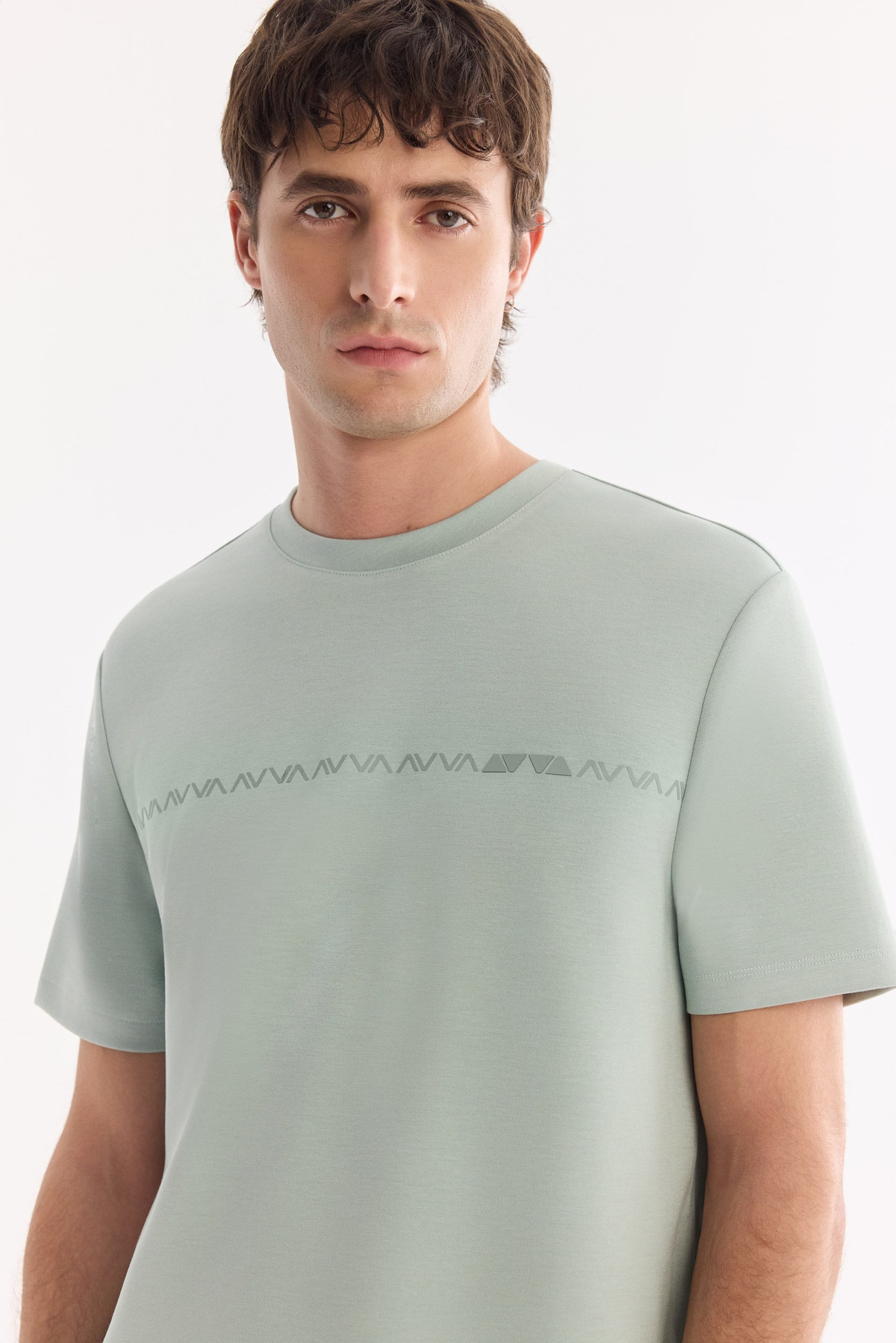 Mint Yeşil Bisiklet Yaka Enjeksiyon  Baskılı İnterlok T-Shirt