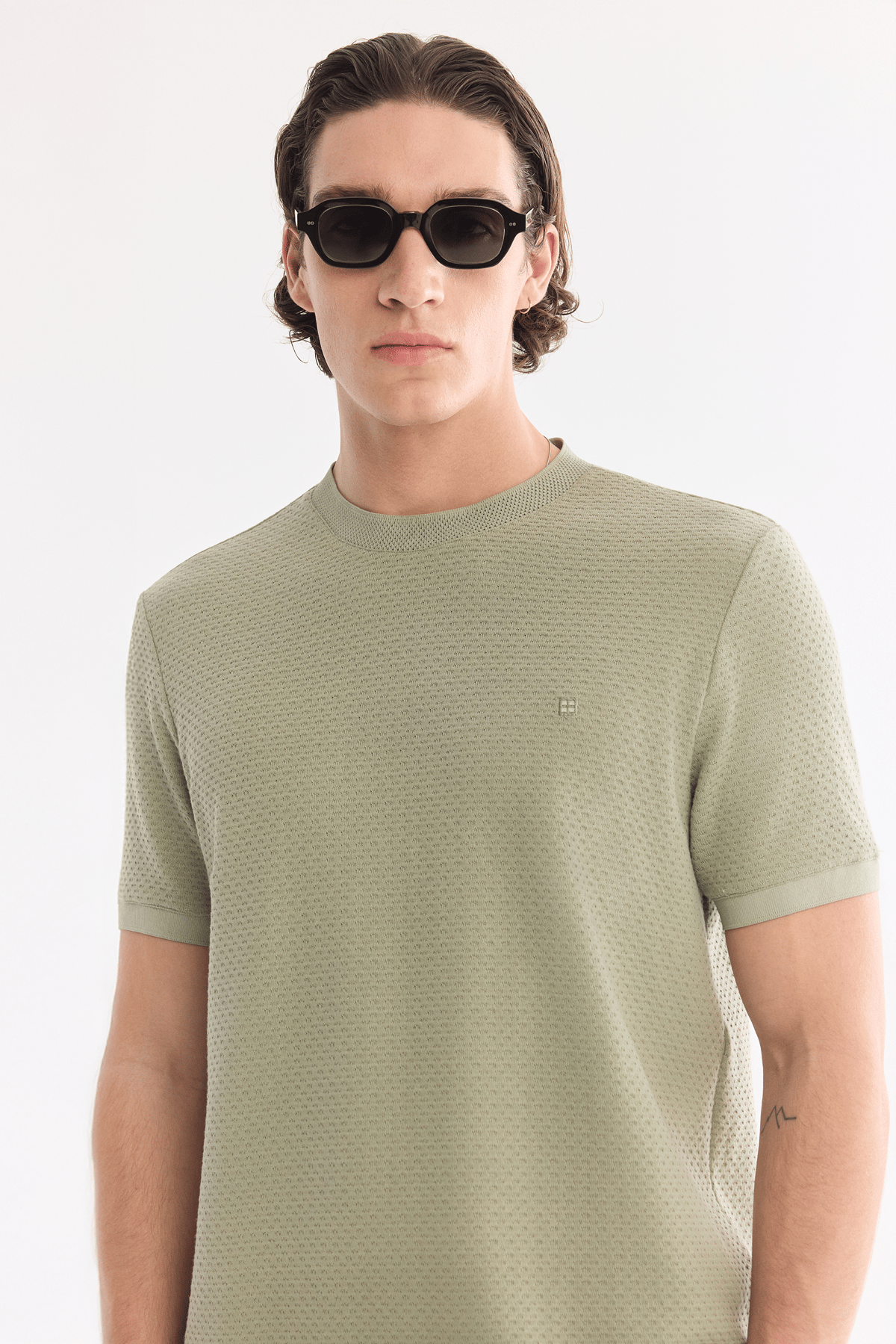 Mint Yeşil Bisiklet Yaka Jakarlı T-Shirt