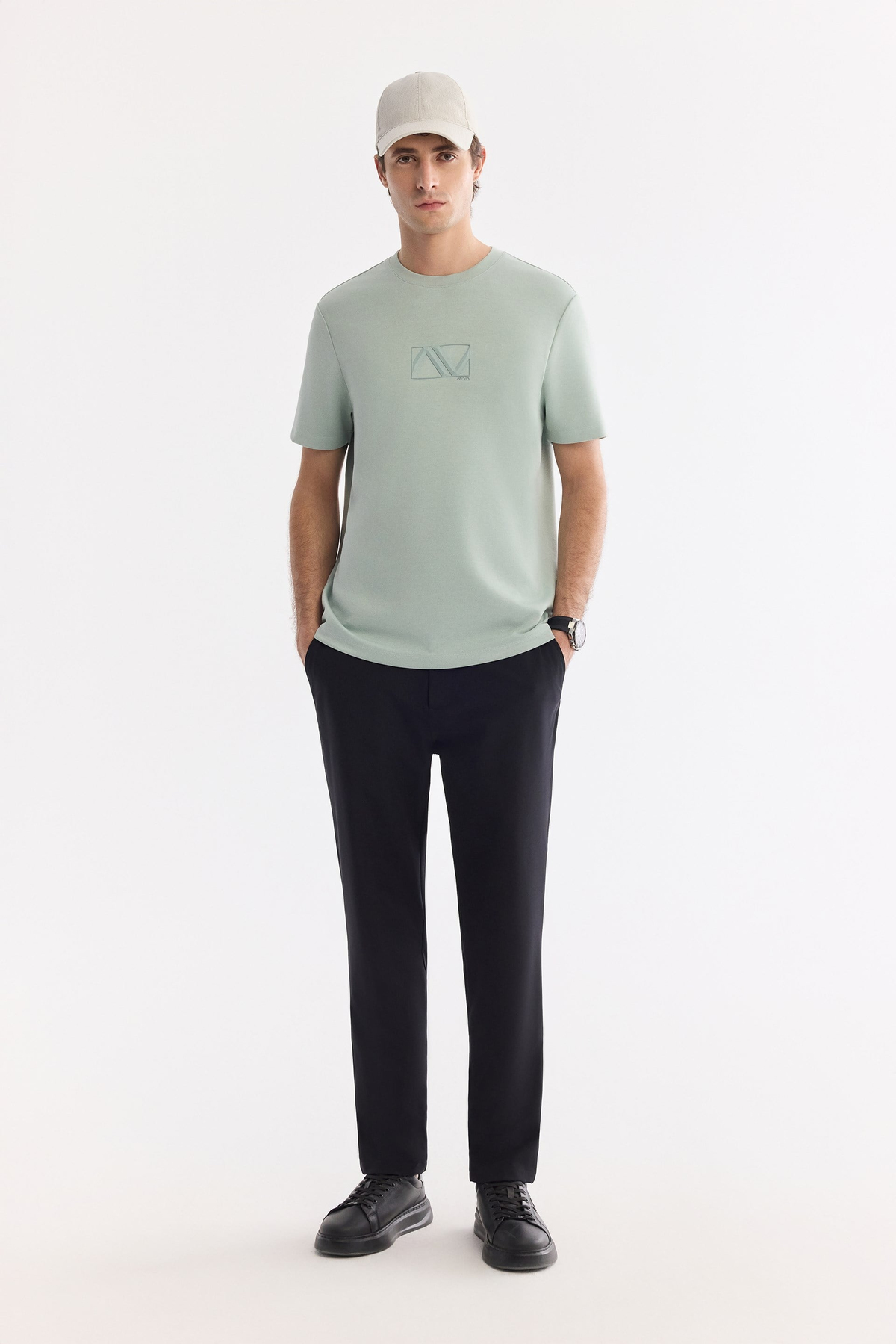 Mint Yeşil Bisiklet Yaka Piramit   Baskılı İnterlok T-Shirt