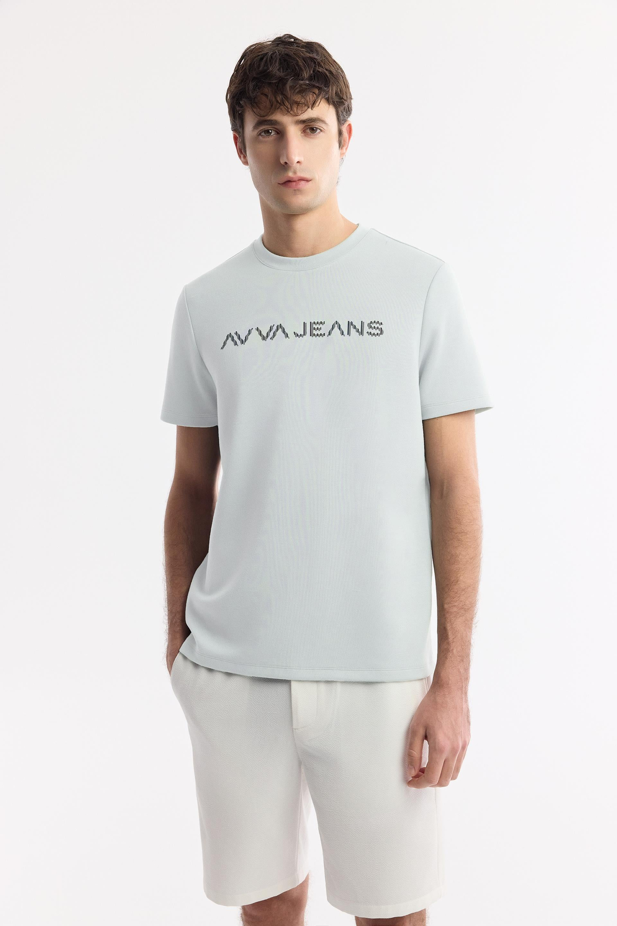 Mint Yeşil Bisiklet Yaka Reflektör Baskılı İnterlok T-Shirt