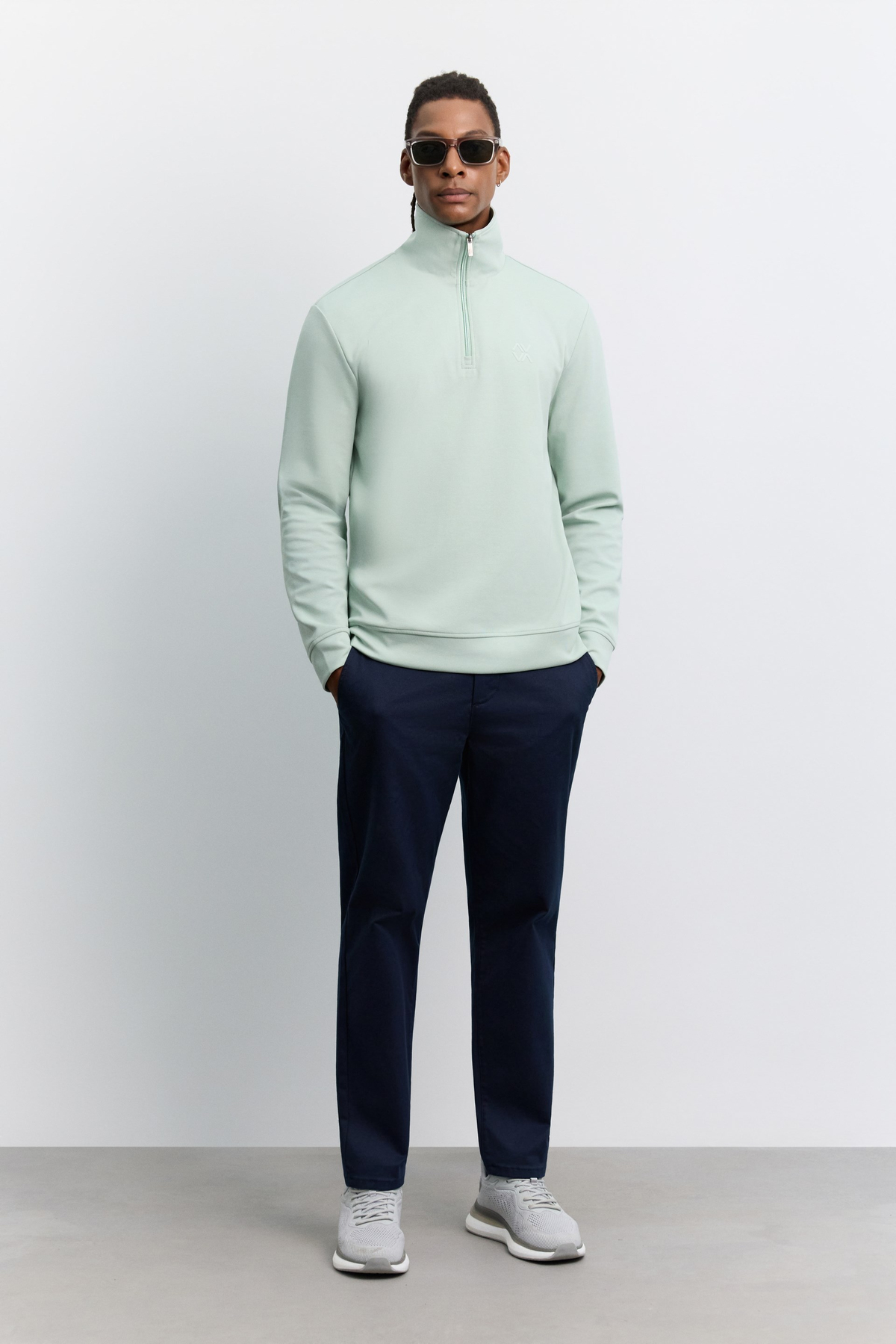 Mint Yeşil Dik Yaka Fermuarlı Baskılı Kolay Ütülenen İnterlok Sweatshirt