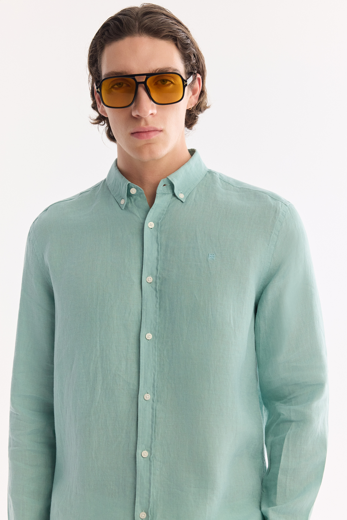 Mint Green Button-Down Collar 100% Linen Shirt