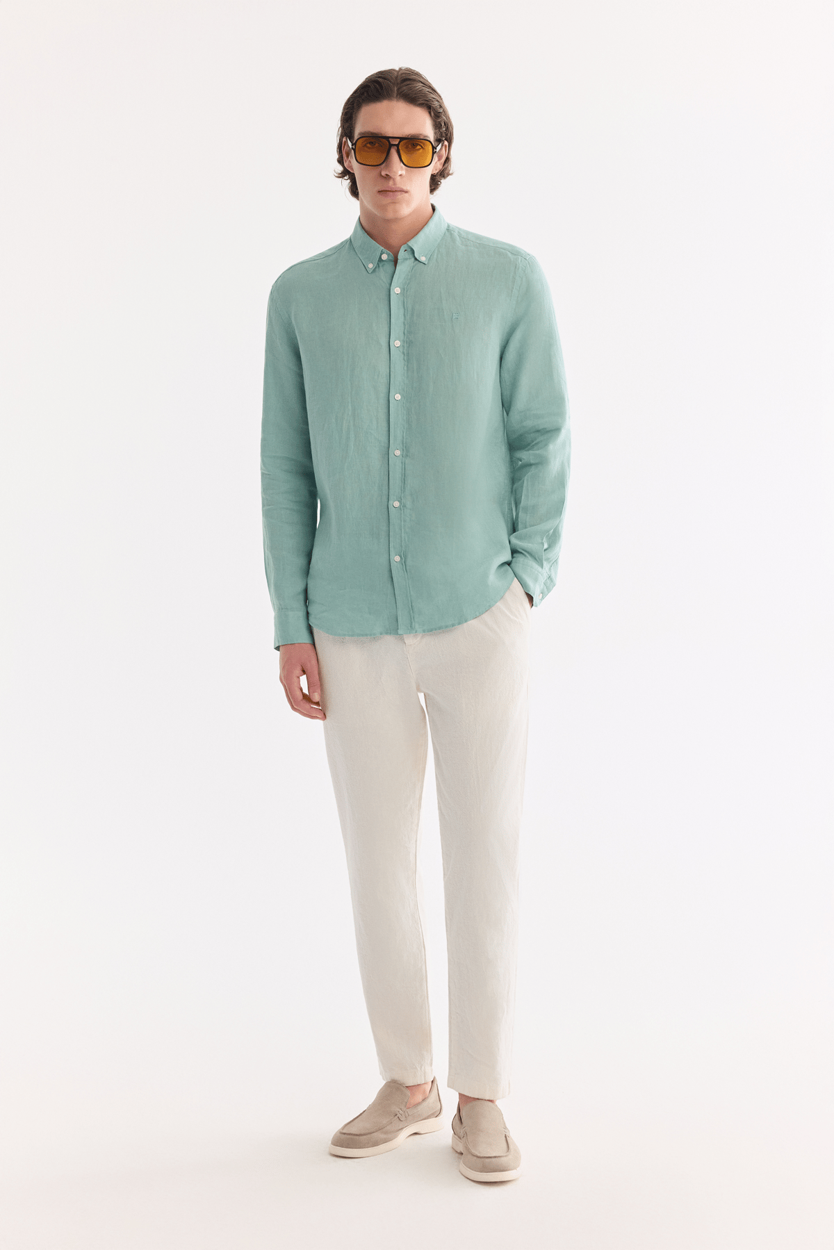 Mint Green Button-Down Collar 100% Linen Shirt