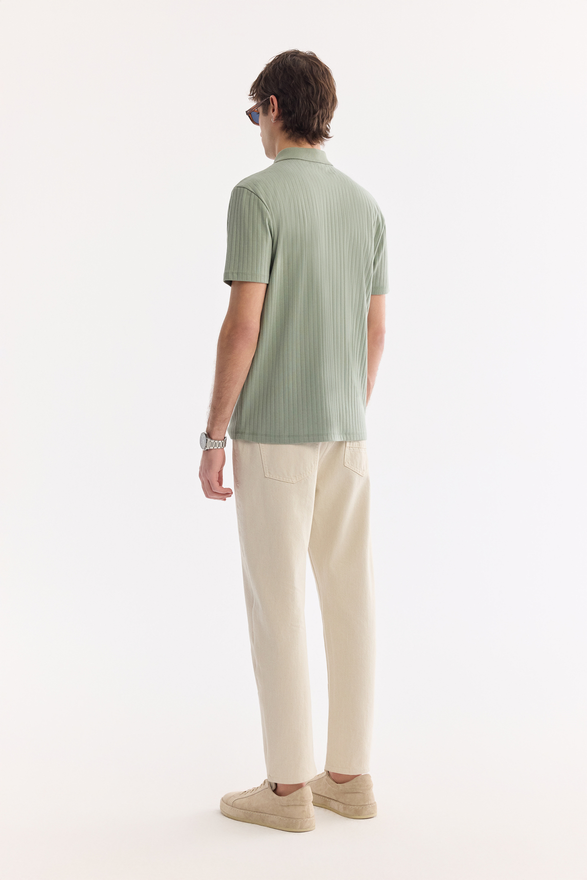 Mint Yeşil Fermuarlı Polo Yaka Jakarlı T-Shirt