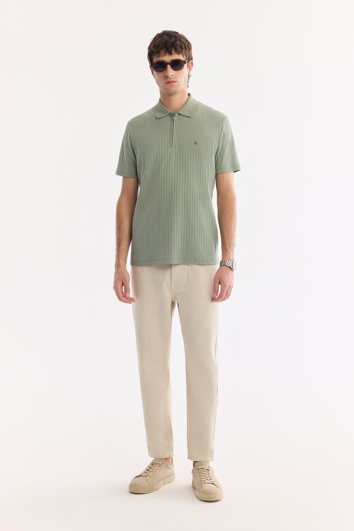 Mint Yeşil Fermuarlı Polo Yaka Jakarlı T-Shirt