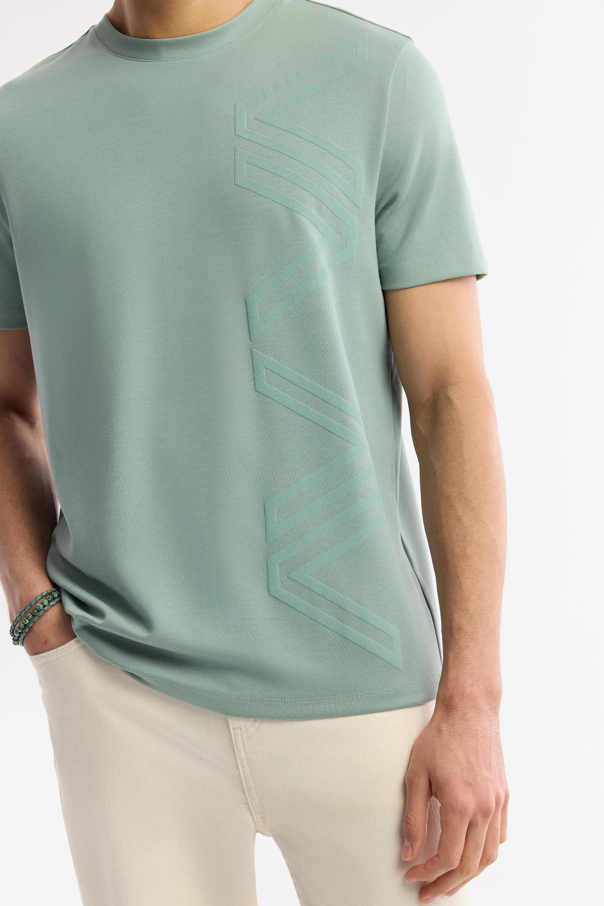 Nil Yeşili Bisiklet Yaka Puff Print T-Shirt