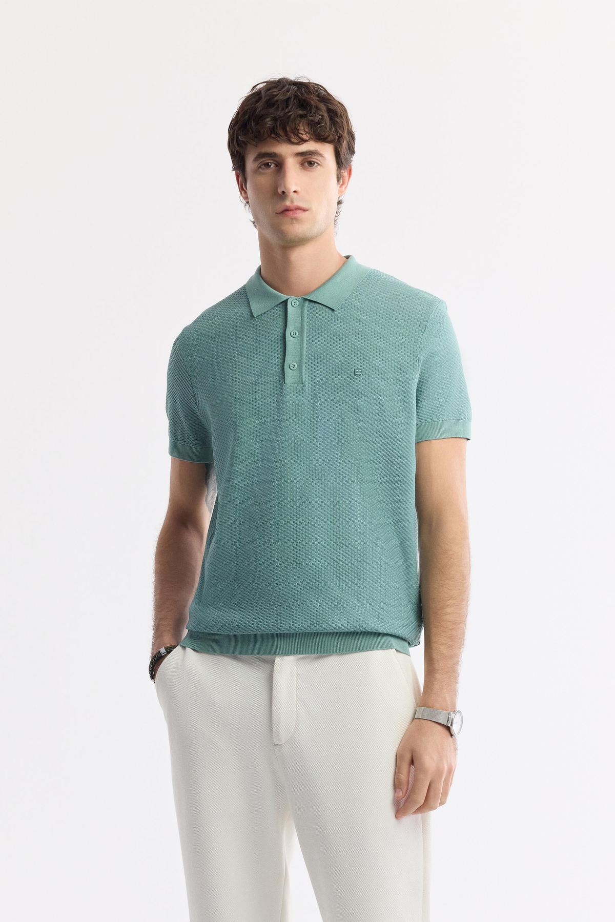 Nil Yeşili Polo Yaka Dokulu Triko T-shirt