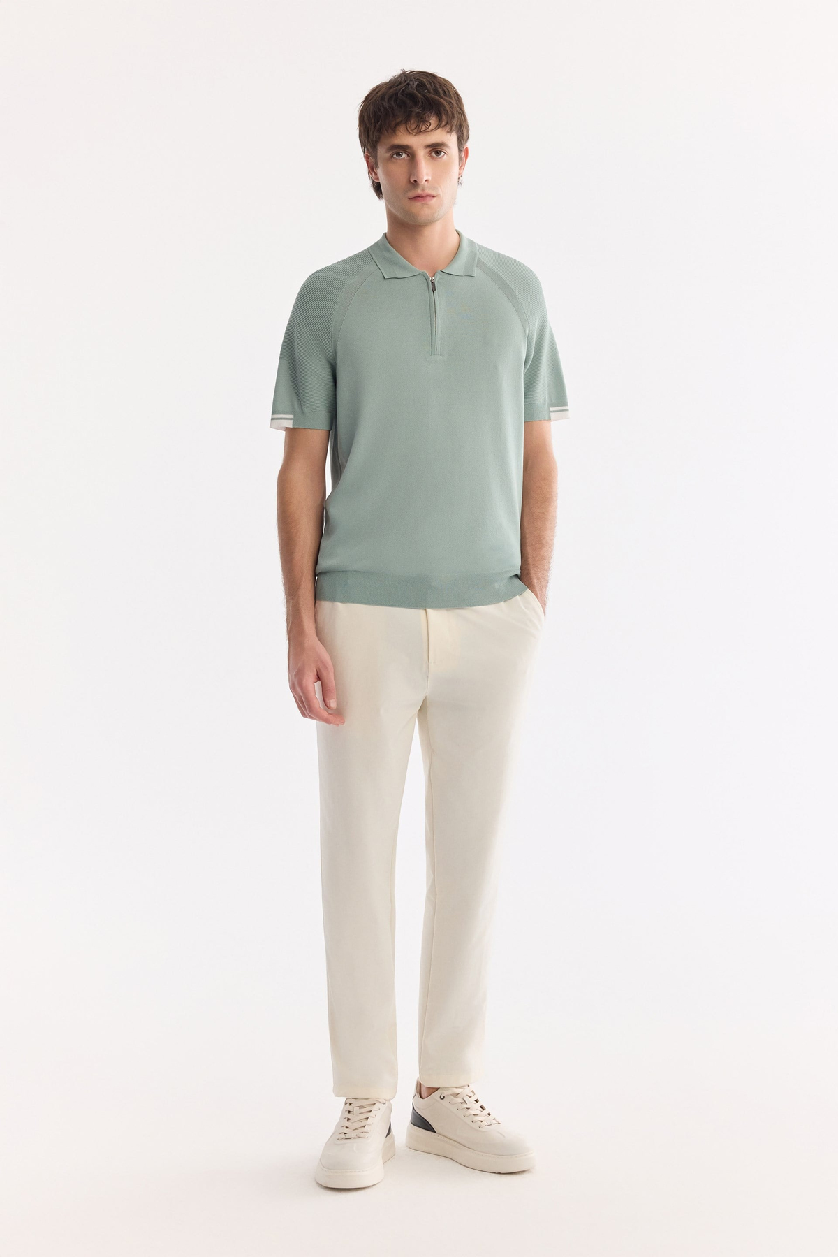 Nil Yeşili Polo Yaka Fermuarlı Kol Örgü Detaylı Triko T-shirt