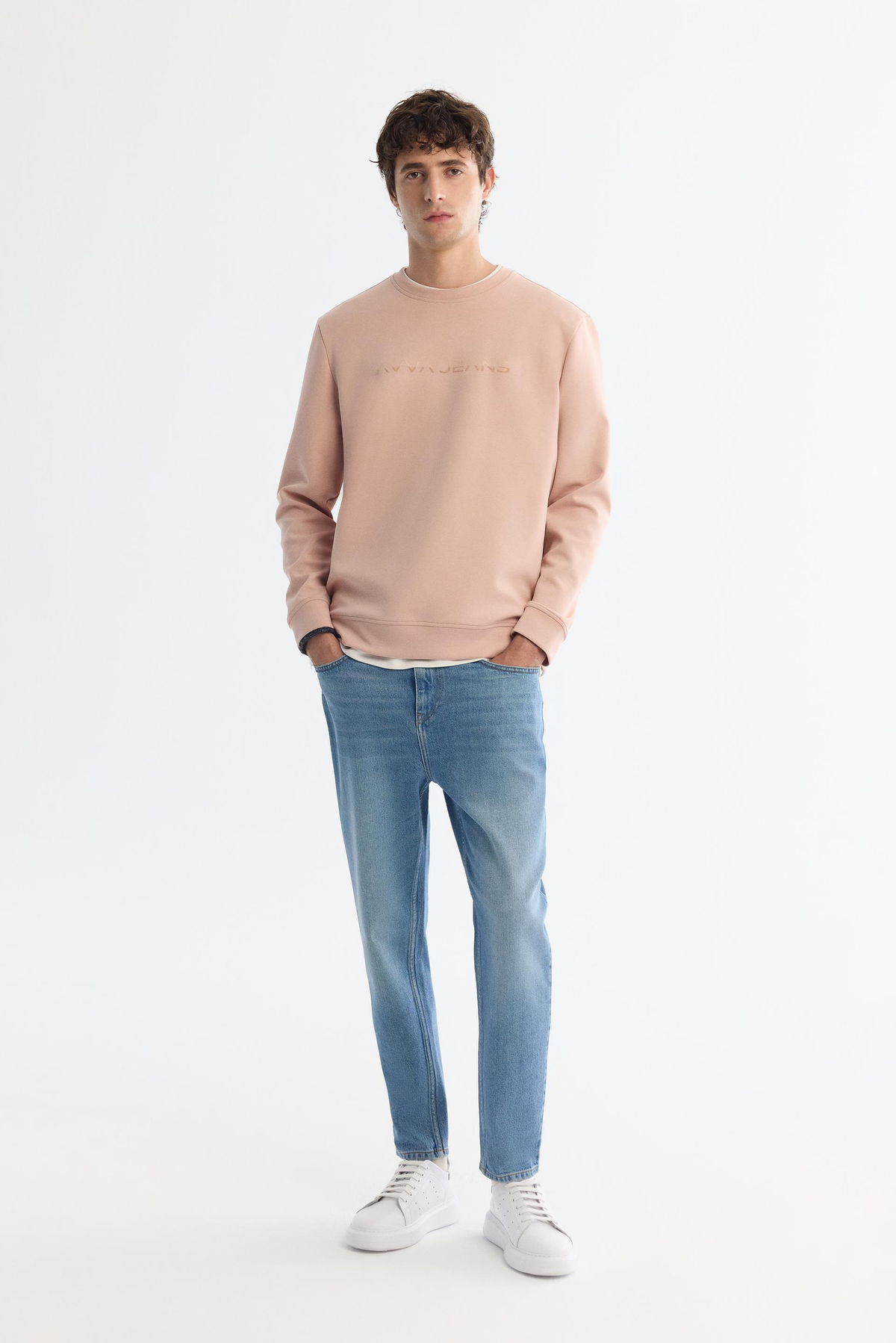 Pembe Bisiklet Yaka Pamuklu Baskılı Sweatshirt