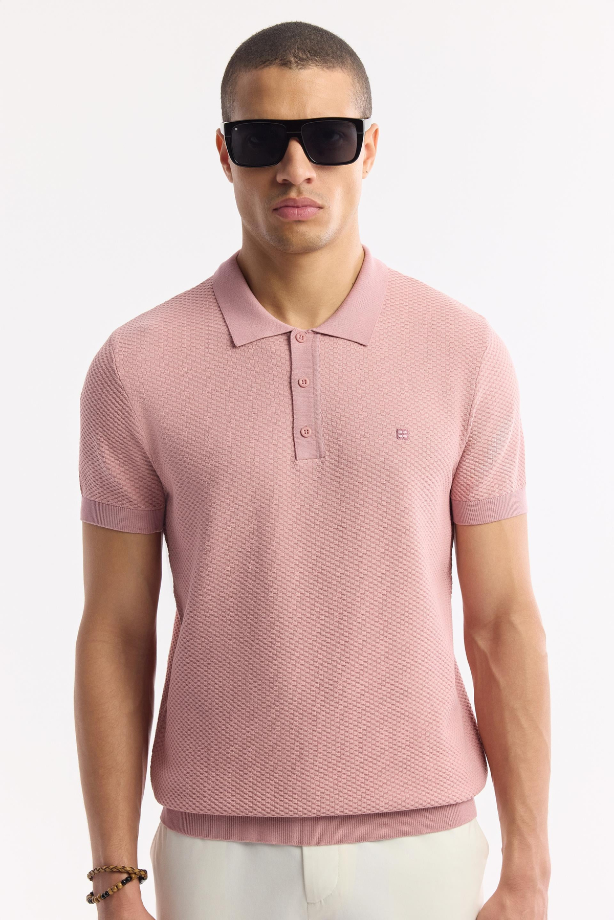 Pembe Polo Yaka Dokulu Triko T-shirt