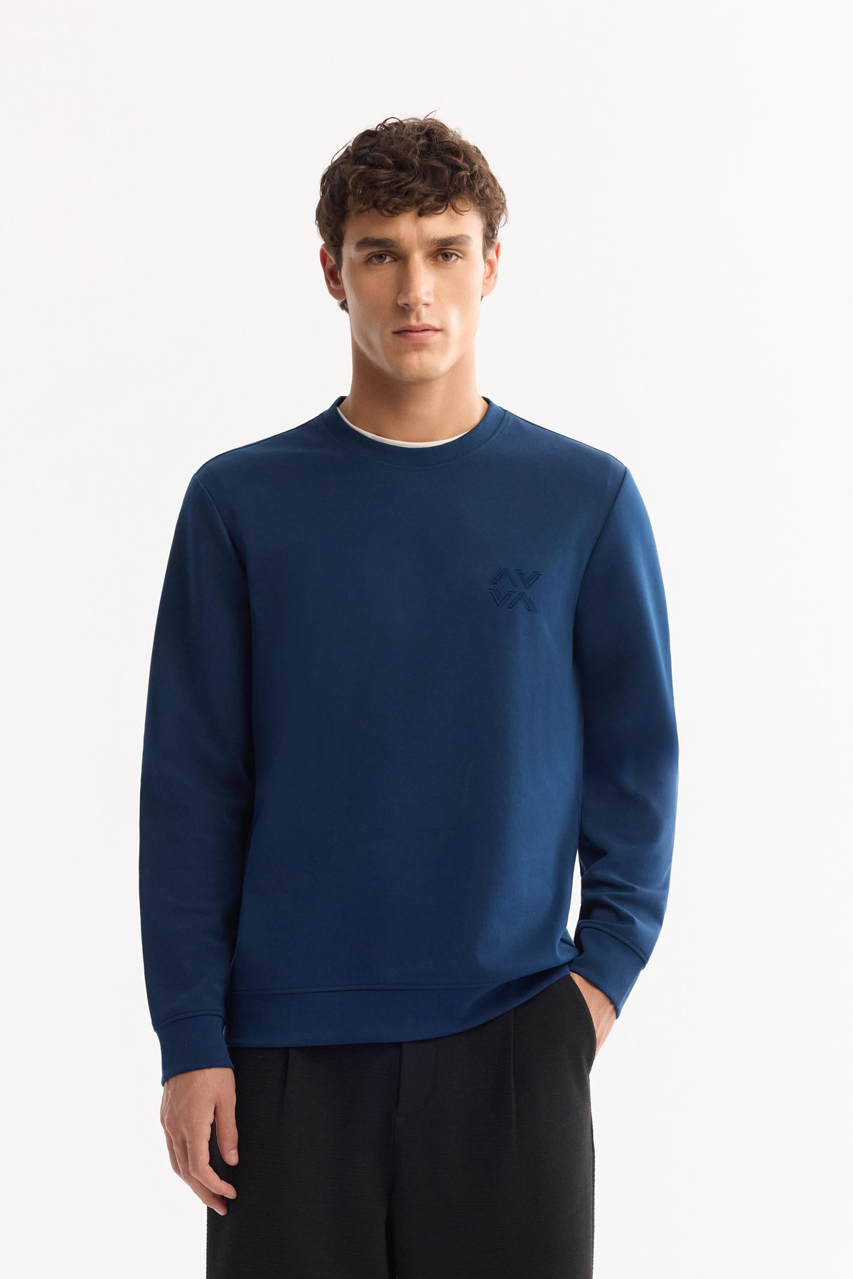 Petrol Mavi Bisiklet Yaka Piramit Baskılı İnterlok Sweatshirt