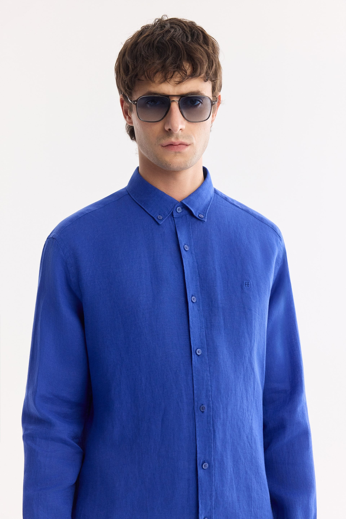 Sax Blue Button-Down Collar 100% Linen Shirt