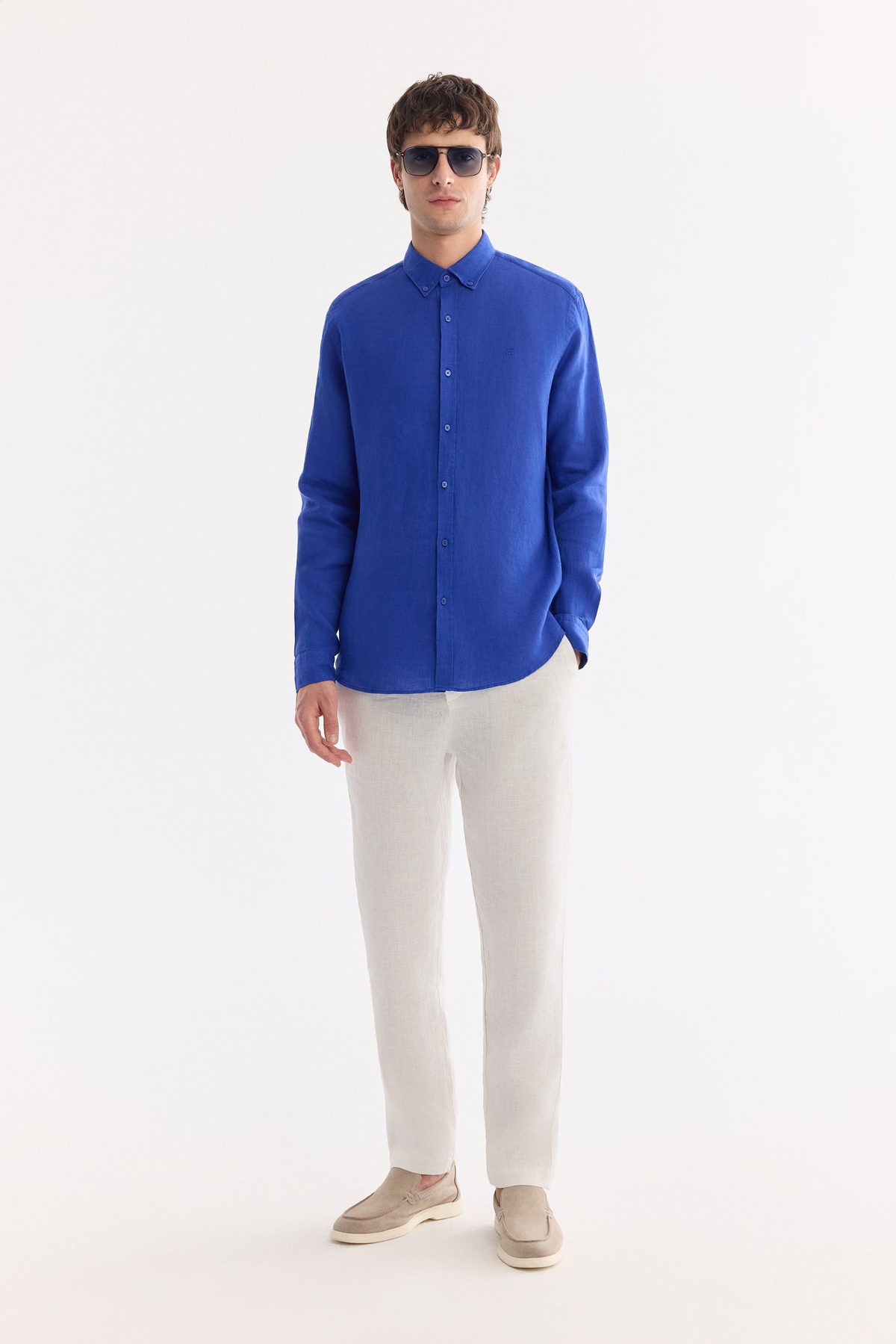 Sax Blue Button-Down Collar 100% Linen Shirt