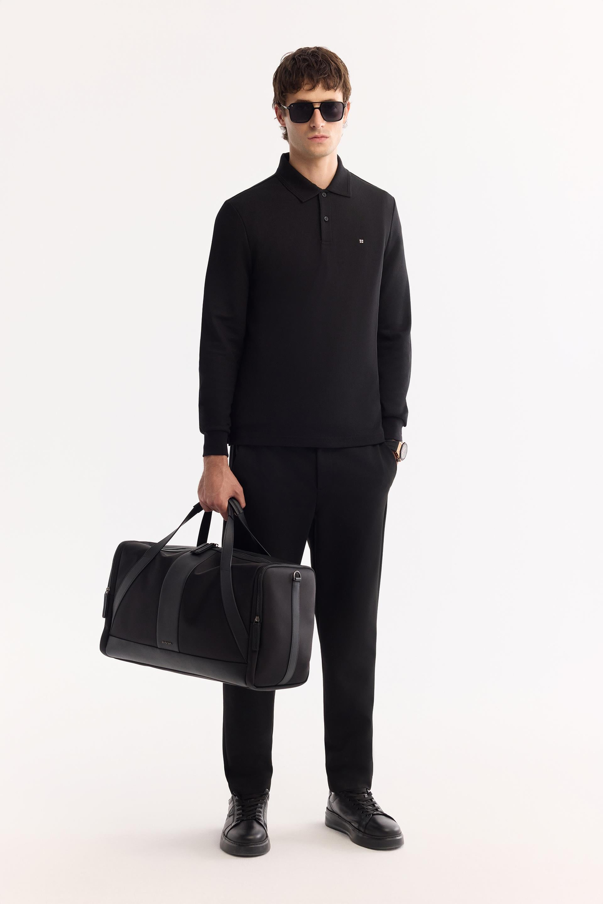 Siyah 2 Düğmeli Pamuklu Polo Yaka Basic Sweatshirt