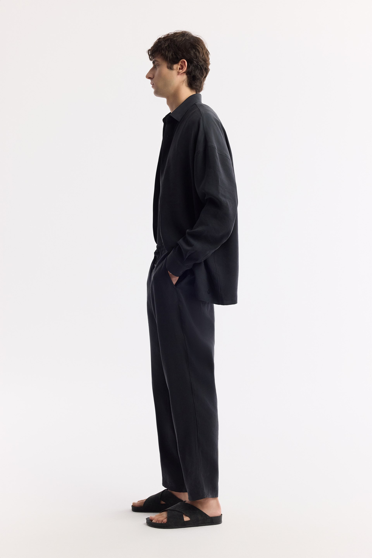  Black Elastic Waist Drawstring Modal Blend Pants