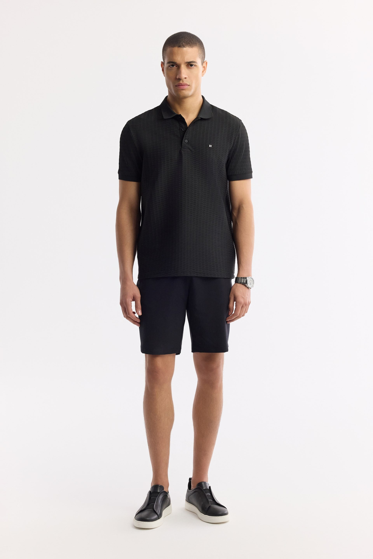 Black Elastic Waist Bi-Stretch Technical Fabric Shorts