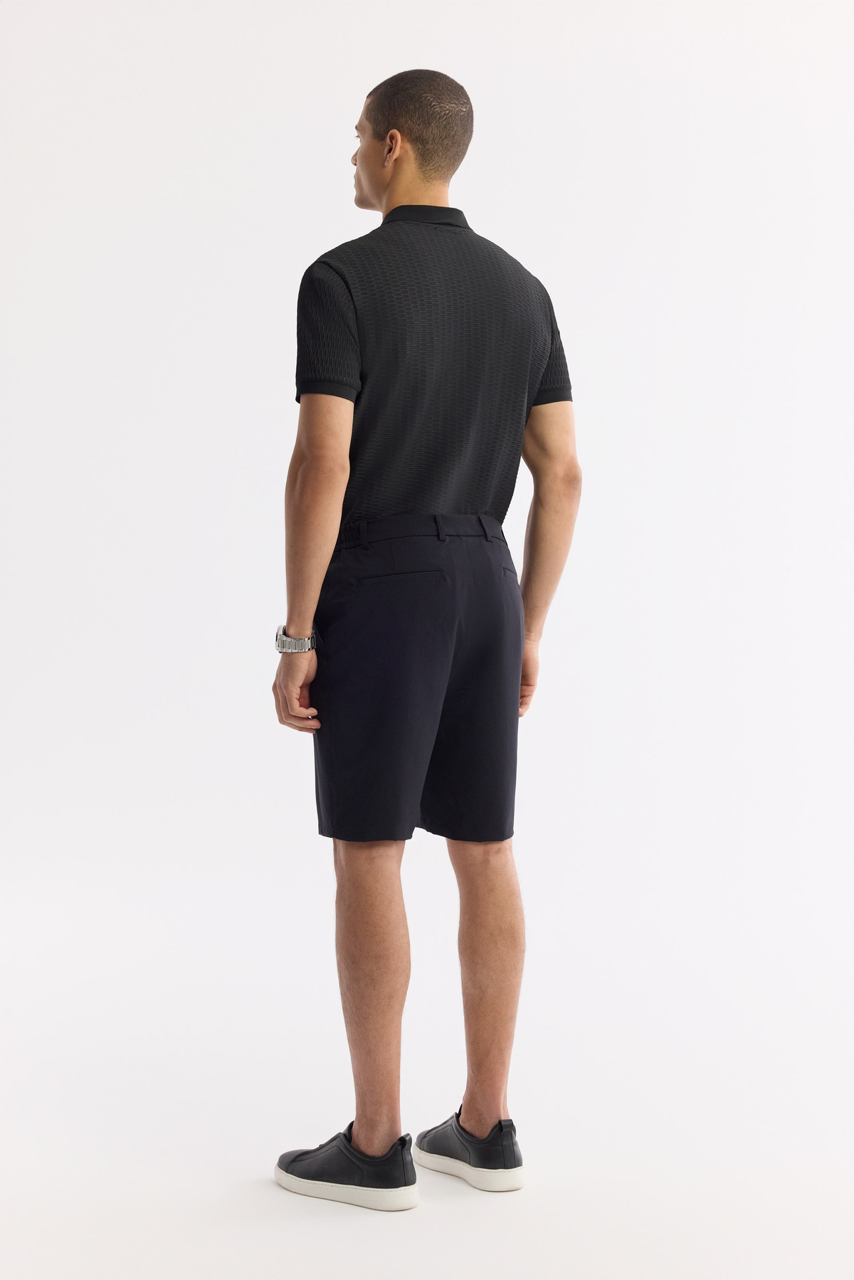 Black Elastic Waist Bi-Stretch Technical Fabric Shorts
