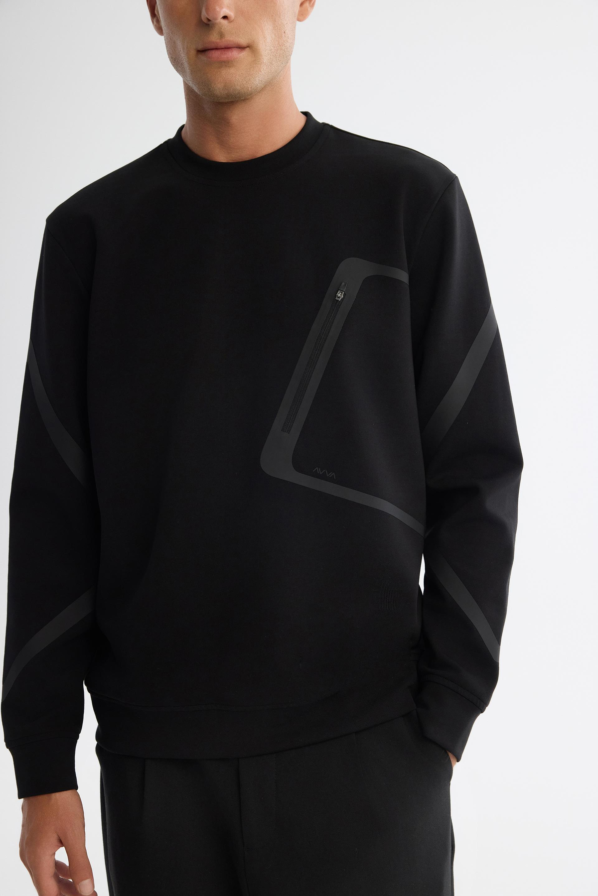 Siyah Bisiklet Yaka Baskılı Fermuarlı Sweatshirt