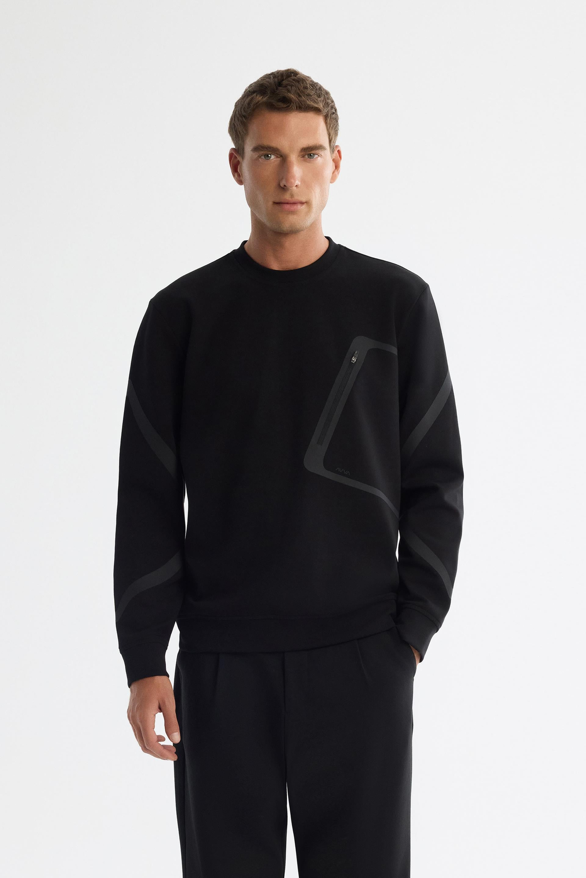 Siyah Bisiklet Yaka Baskılı Fermuarlı Sweatshirt