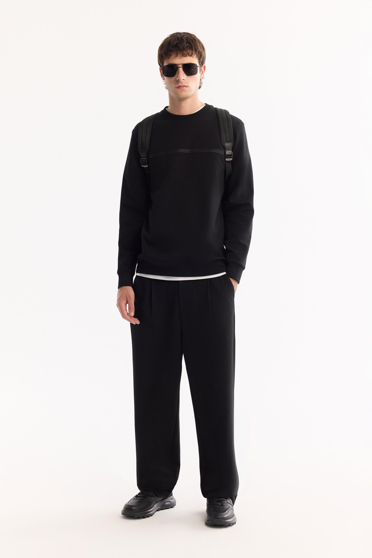 Siyah Bisiklet Yaka Enjeksiyon Baskılı İnterlok Sweatshirt