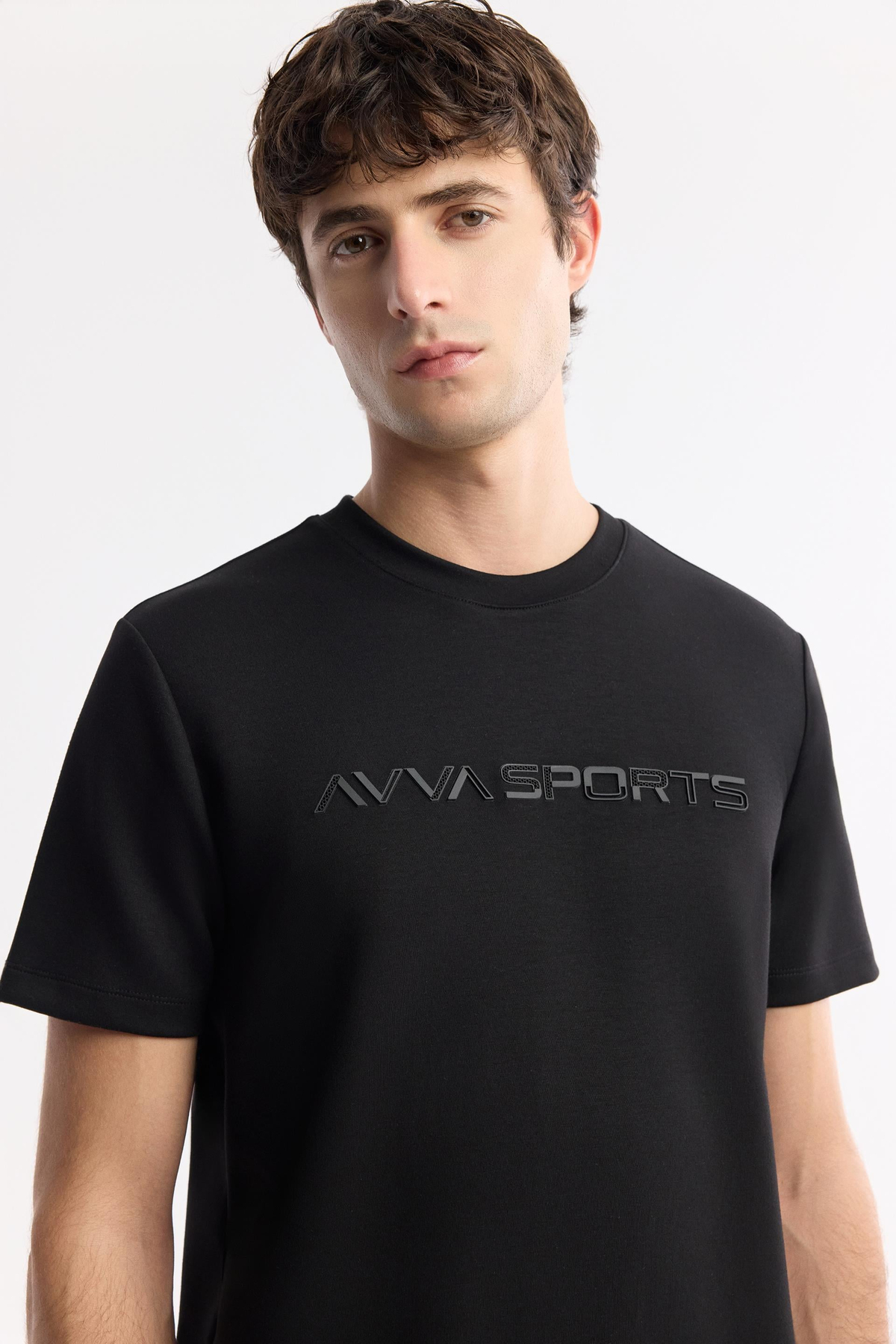 Siyah Bisiklet Yaka Enjeksiyon Baskılı İnterlok T-Shirt