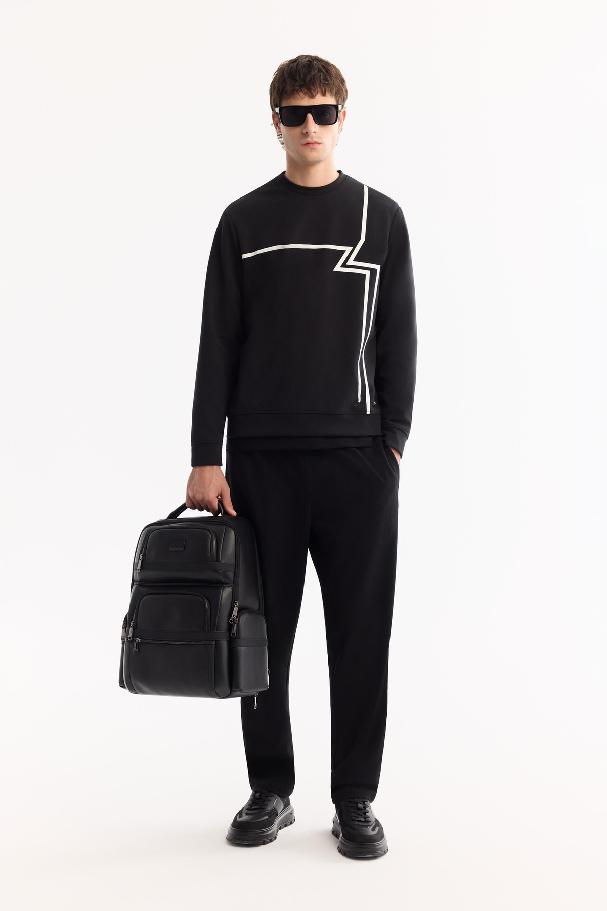 Siyah Bisiklet Yaka Enjeksiyon Baskılı İnterlok  Sweatshirt