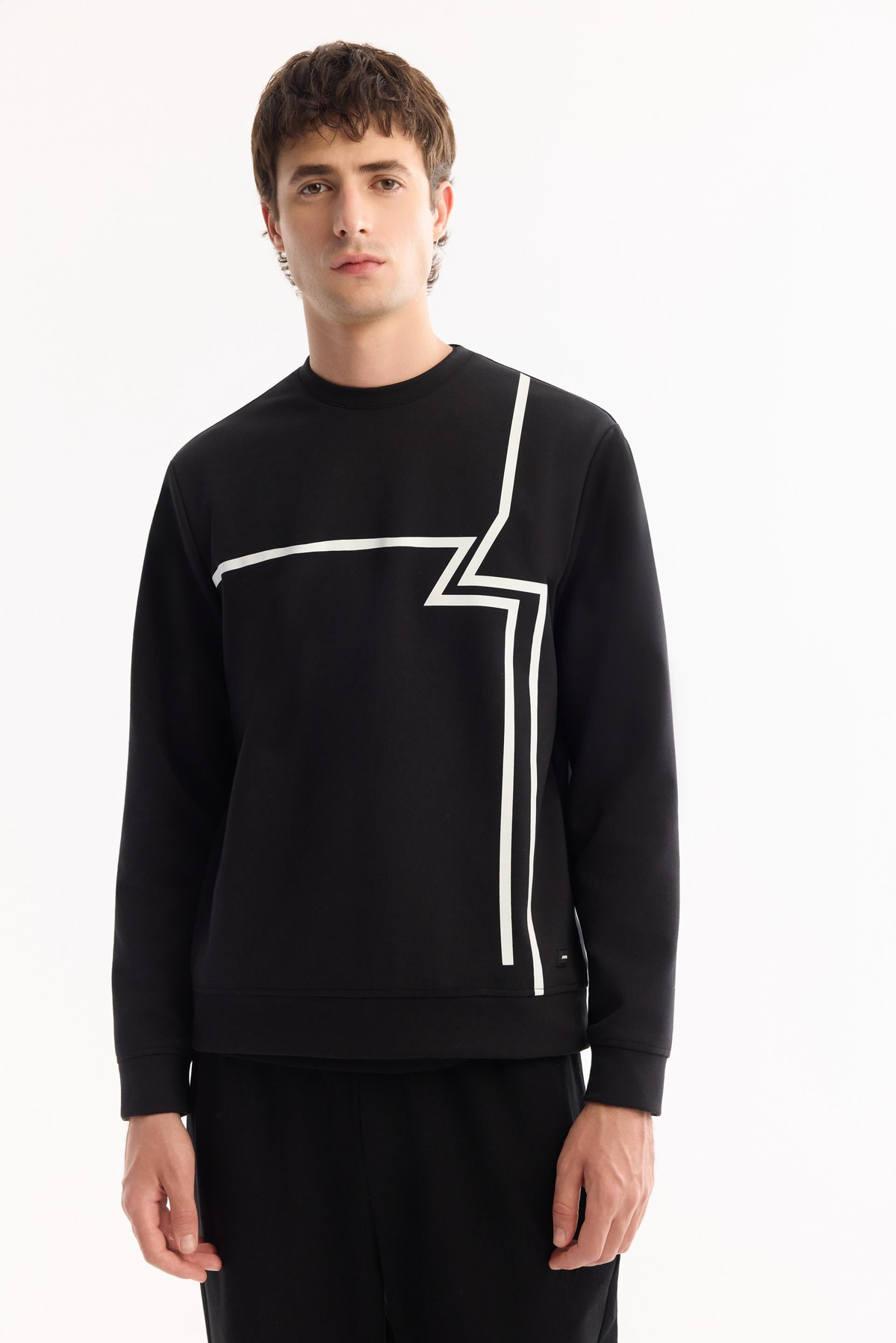 Siyah Bisiklet Yaka Enjeksiyon Baskılı İnterlok  Sweatshirt