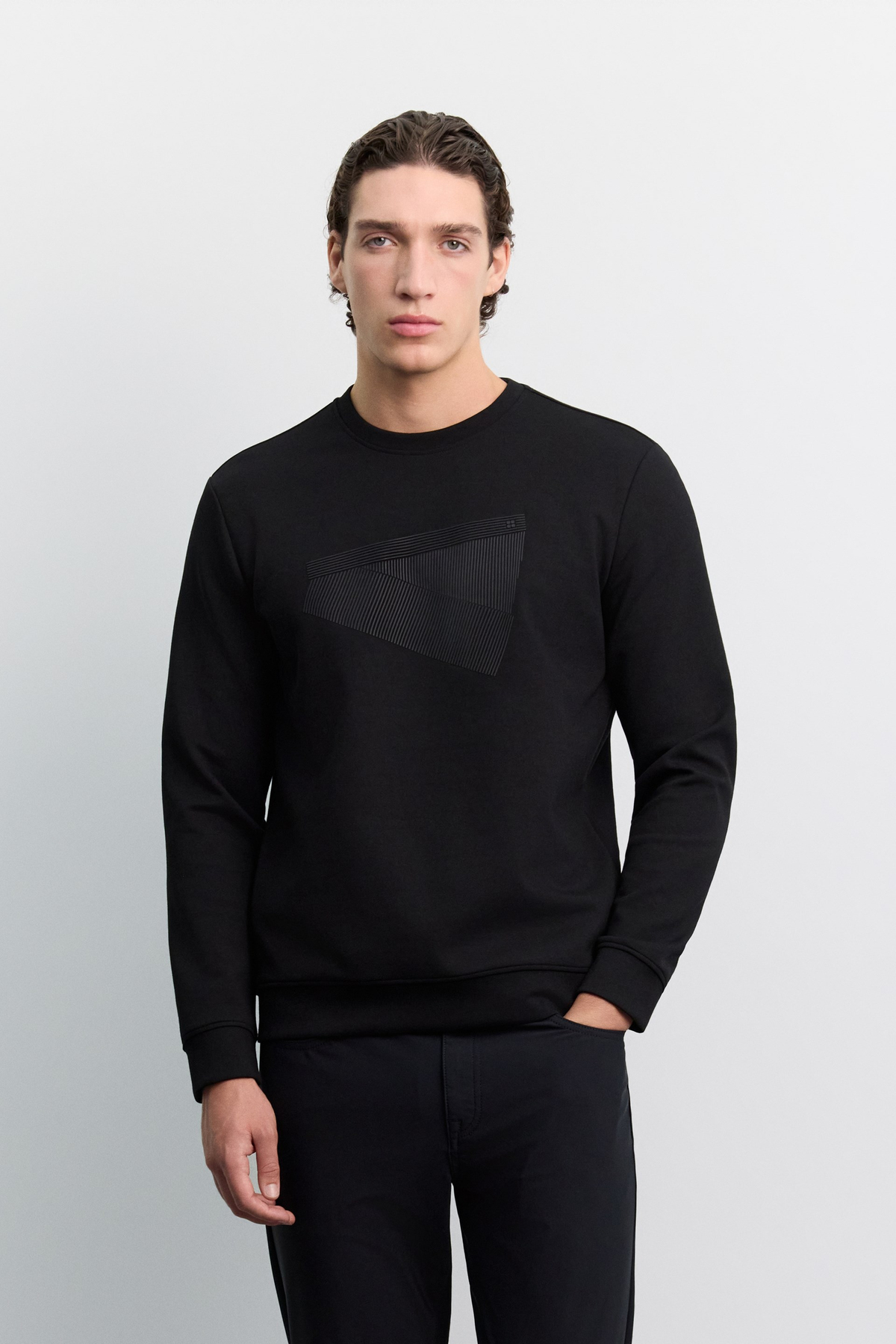 Siyah Bisiklet Yaka Enjeksiyon Baskılı İnterlok Sweatshirt