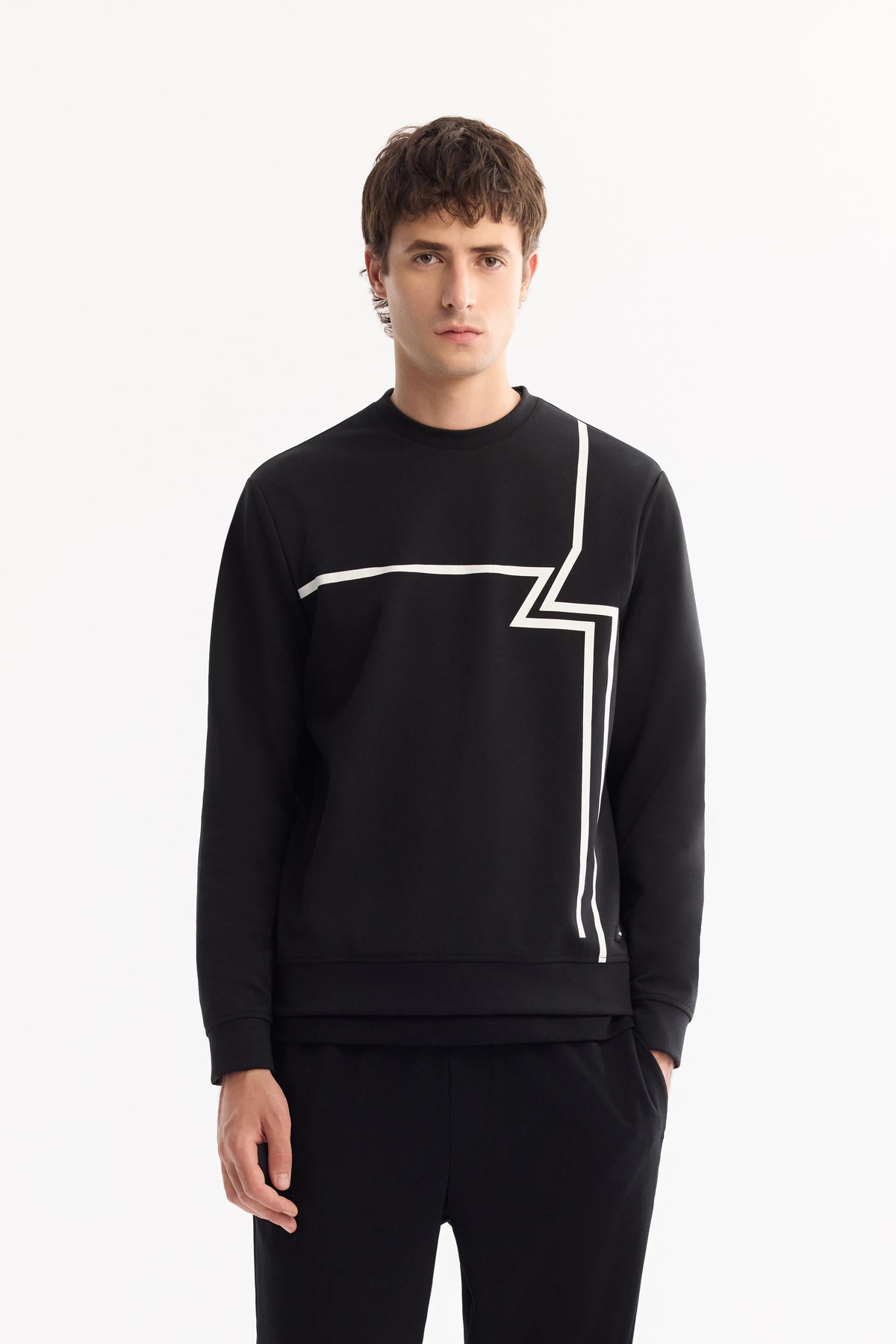 Siyah Bisiklet Yaka Enjeksiyon Baskılı İnterlok  Sweatshirt