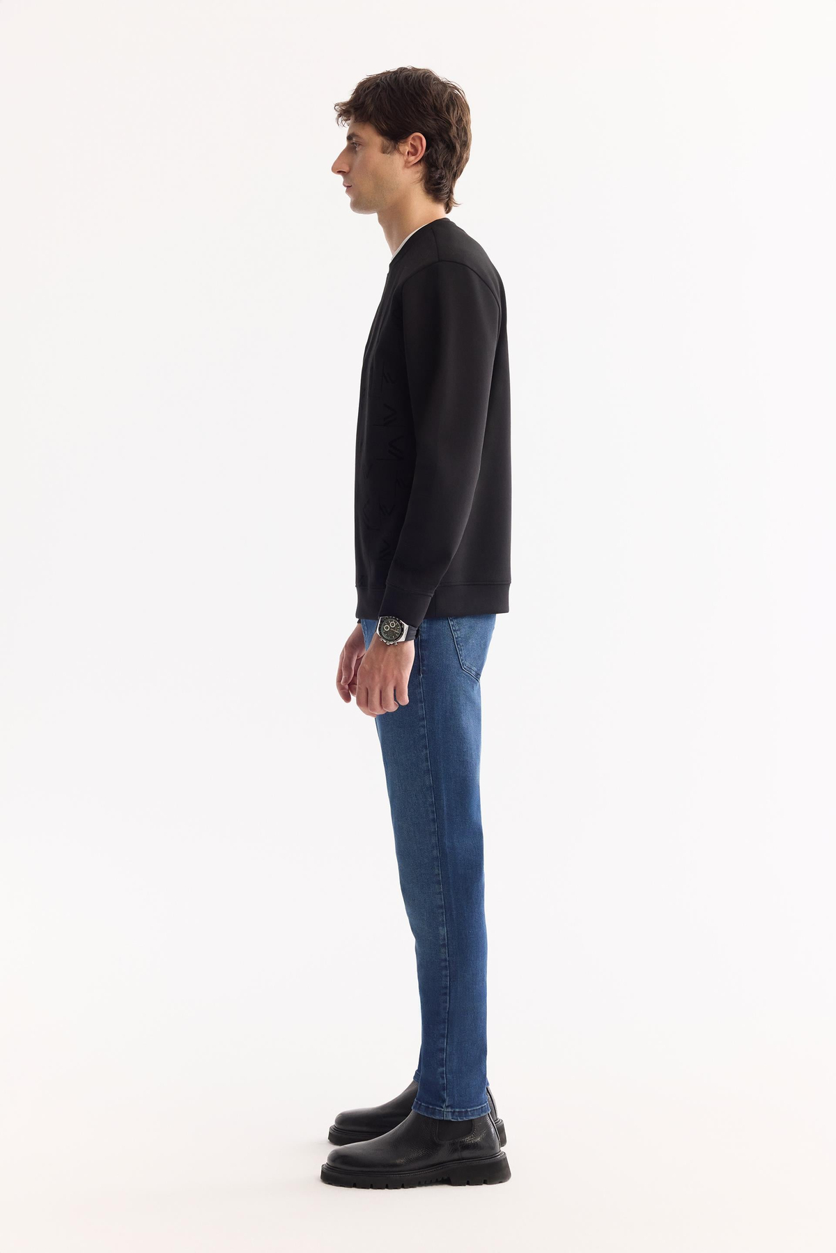Siyah Bisiklet Yaka Fileksi  Baskılı İnterlok Sweatshirt
