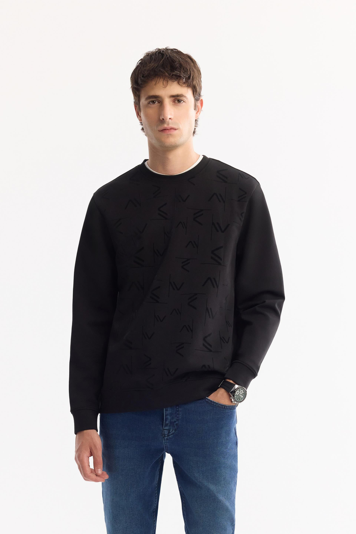 Siyah Bisiklet Yaka Fileksi  Baskılı İnterlok Sweatshirt