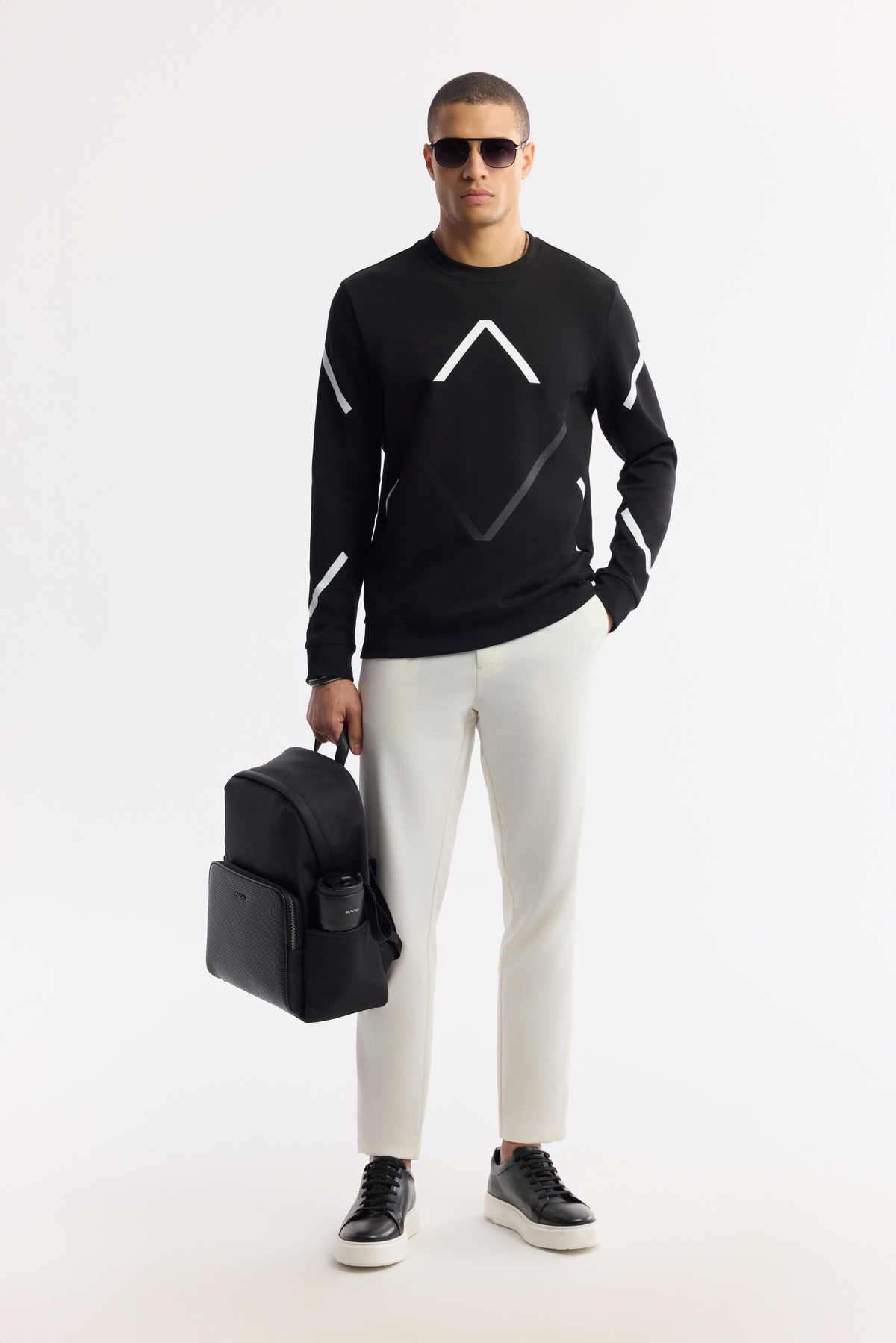 Siyah Bisiklet Yaka Flexi Baskılı İnterlok Sweatshirt