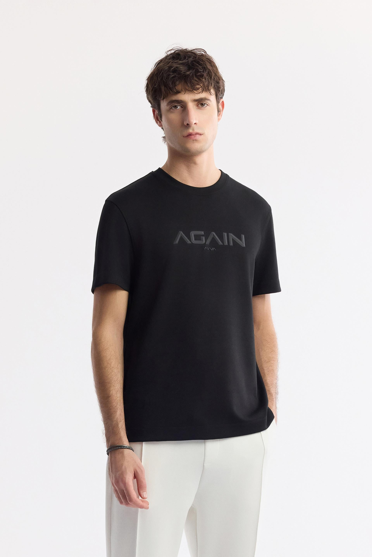 Siyah Bisiklet Yaka Hologram Baskılı İnterlok T-Shirt
