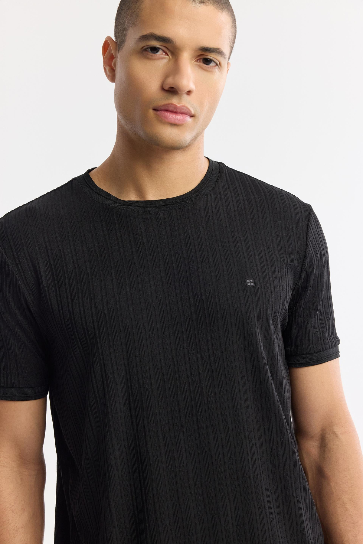 Siyah Bisiklet Yaka Jakarlı Ribana Detaylı T-Shirt