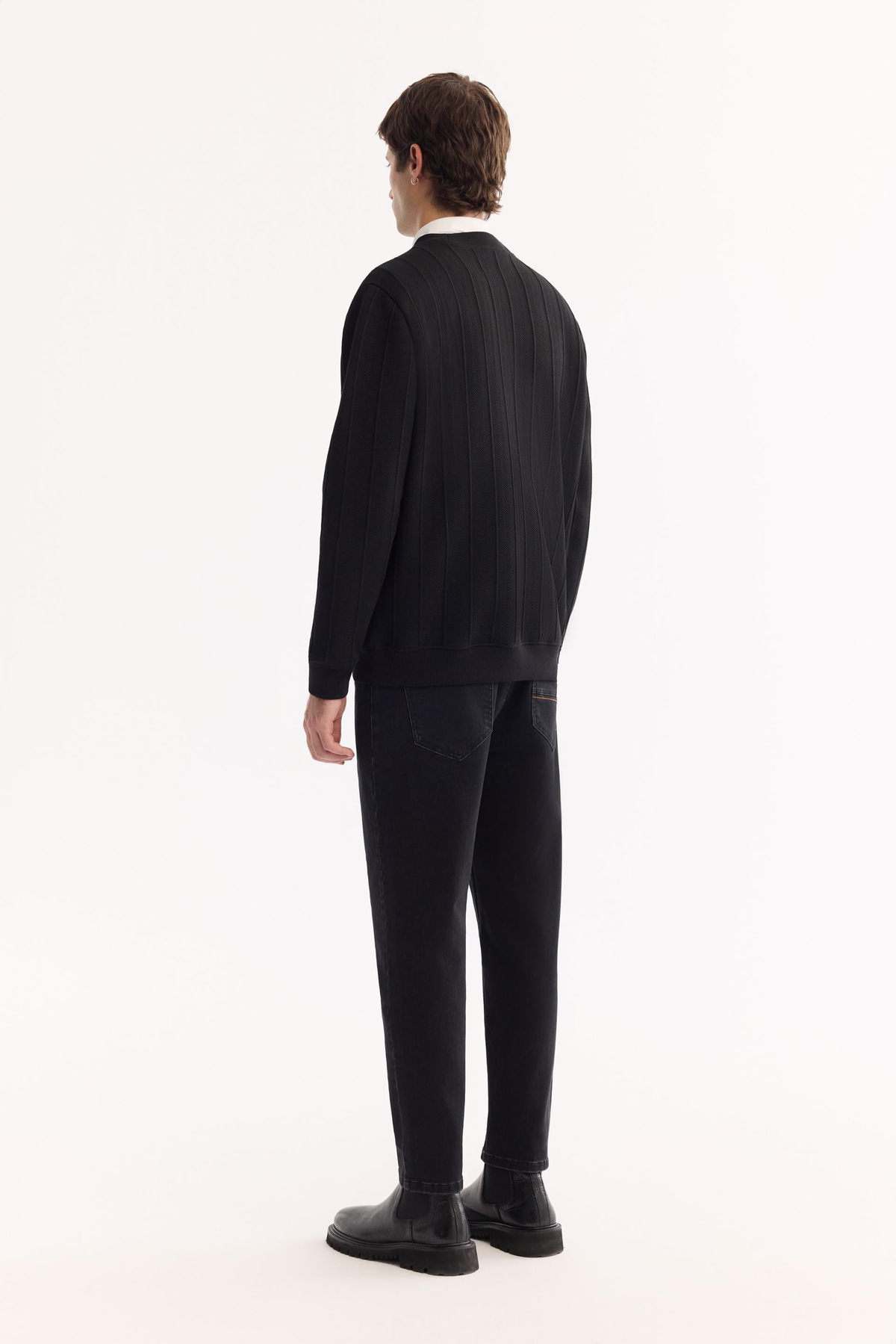 Siyah Bisiklet Yaka Jakarlı Sweatshirt