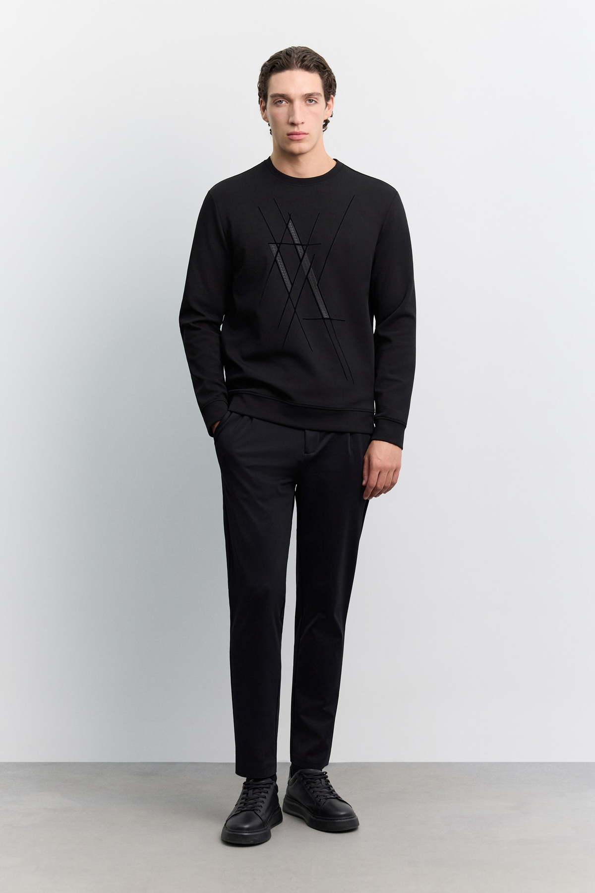 Siyah Bisiklet Yaka Kolay Ütülenen Baskılı İnterlok Sweatshirt